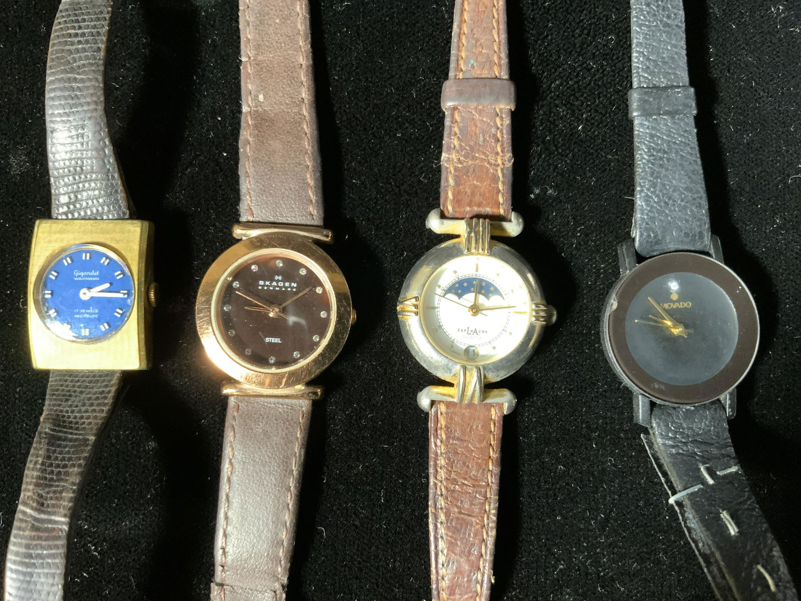 Lot 4 Vintage Watches, MOVADO, SKAGEN, & More: Lot 4 Vintage Watches, MOVADO, SKAGEN, & More, inscriptions read ‘MOVADO Genuine Leather’, measures 7 5/8 inches long, ‘Gigandet Warmann 17 Jewels Incabloc Swiss Stainless Steel Back Swiss Made