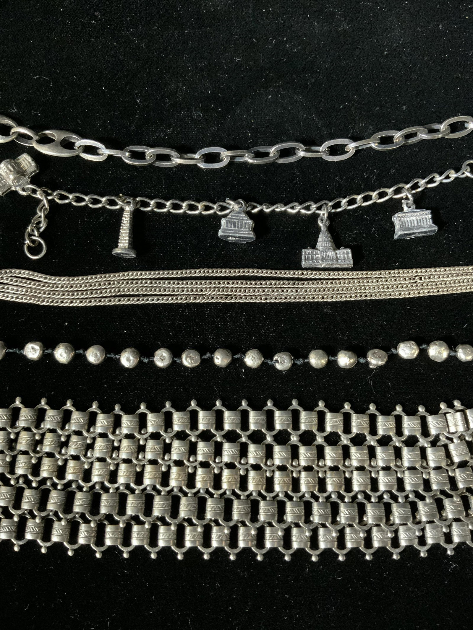 Lot 5 Vintage Silver Necklaces & Bracelets: Lot 5 Vintage Necklaces & Bracelets, inscription to beaded necklace reads ‘825’, hook clasp, measures 17 1/2 inches long, inscription to multi chain necklace reads ‘800’, spring ring clasp, me