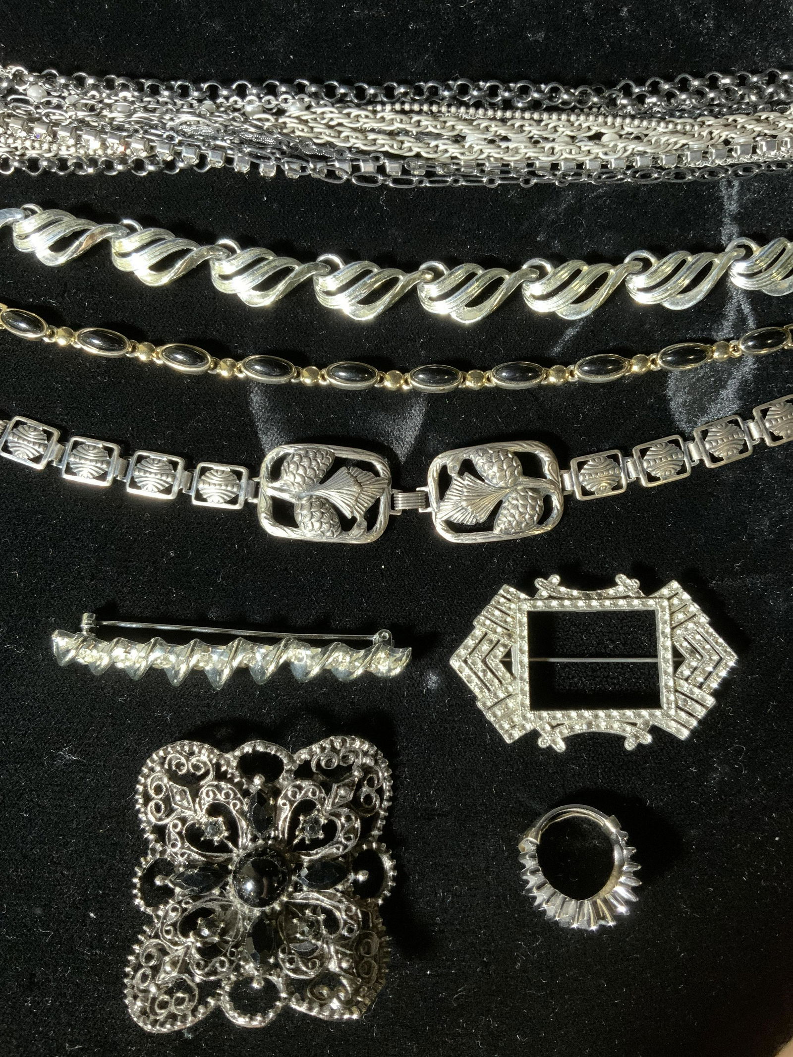 Lot 8 Vintage Accessories, CORO, MUSI, & More: Lot 8 Vintage Accessories, CORO, MUSI, & More, inscription to pine cone bracelet with fold over clasp reads ‘Sterling’, measures 7 1/4 inches long, weight: ,41 ozt, inscription to shoe clip reads