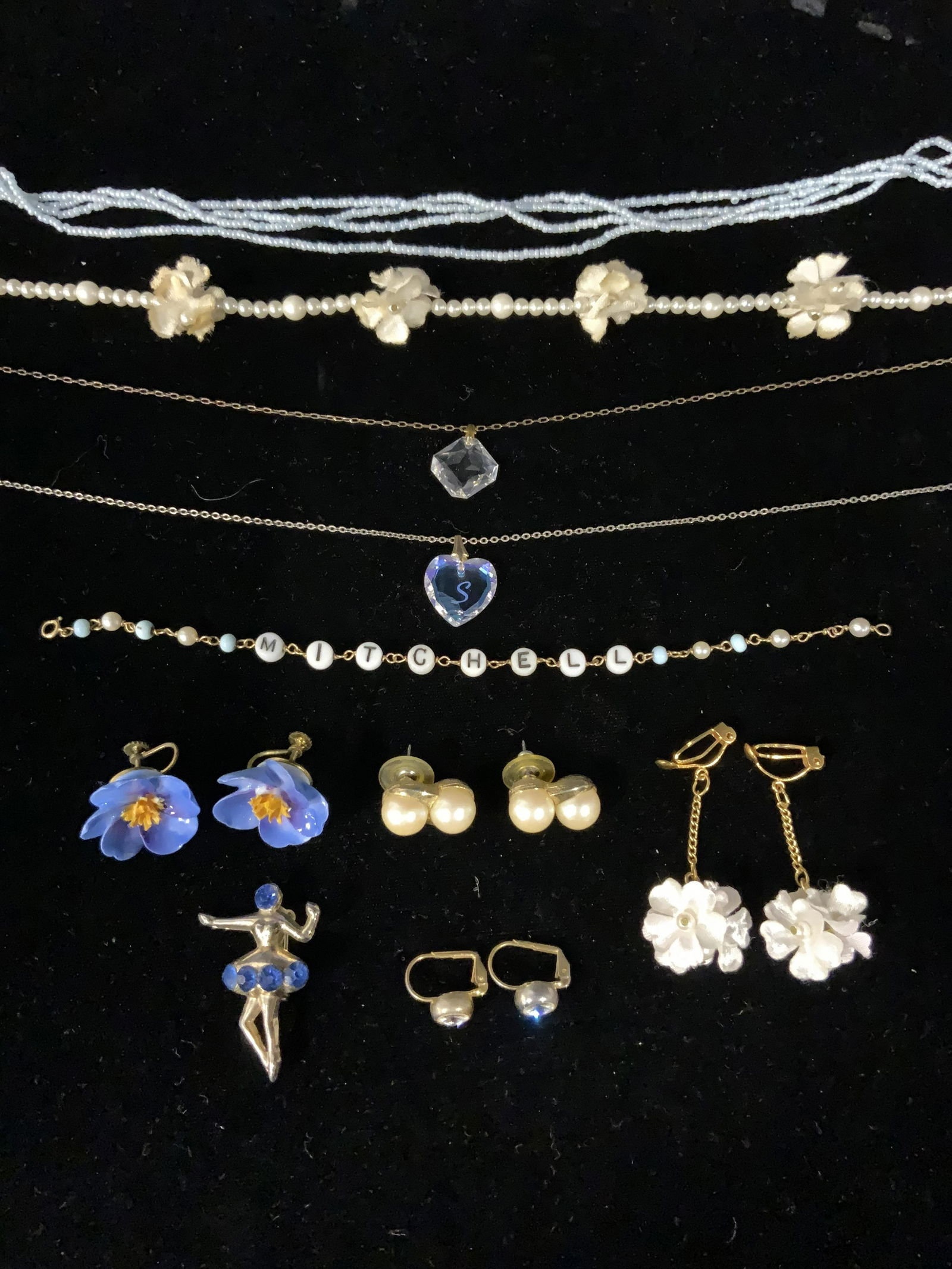 Lot 10 Jewelry, Pin, Bracelet, Earrings, more: Lot 10 Pin, Bracelet, Earrings, Necklaces with spring clasps, inscription to bracelet reads ‘Mitchell 14k’, measures 7 3/4 inches long, inscription to blue screw back bone china earrings reads ‘
