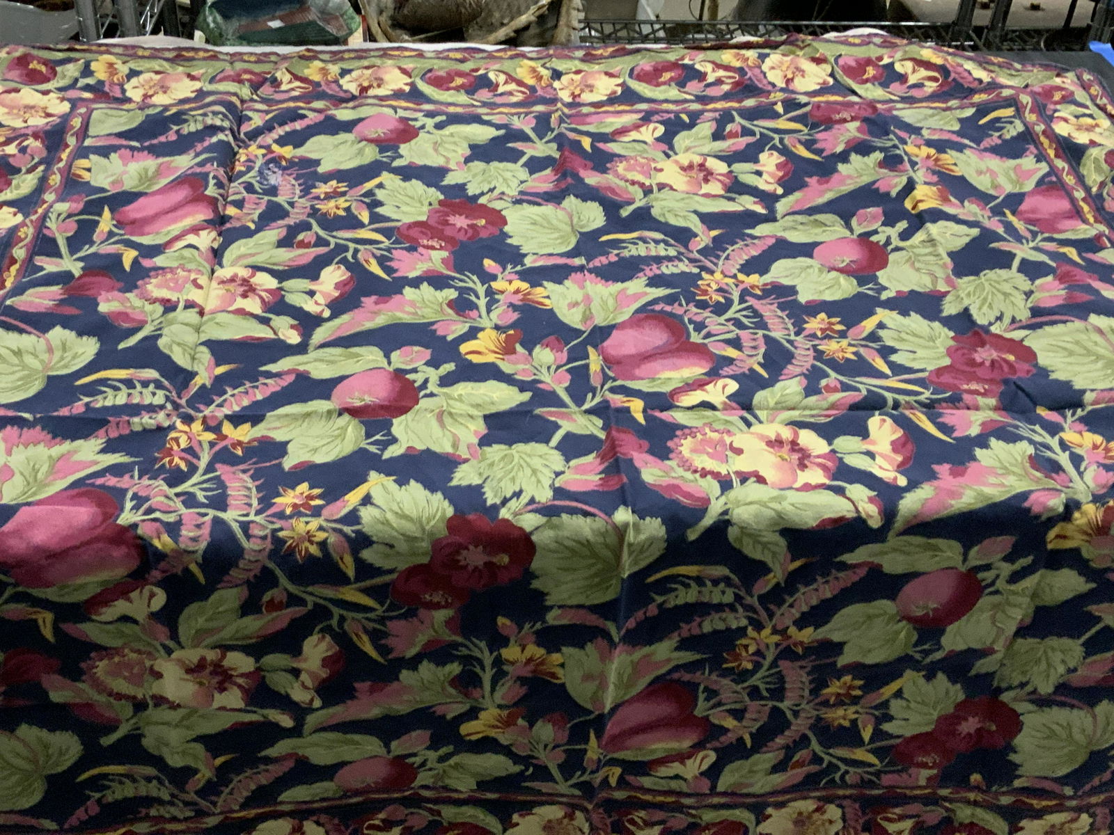 Lot 2 Vintage Textiles, Bed Cover, tablecloth: Cotton square fabric with fruit decor, tablecloth, up cycle , has hole on one side, app 8 in from corner. Vintage bed spread/ bed cover/ bed dressing mid century, sheer fabric with lace, c. 1950s. Lab