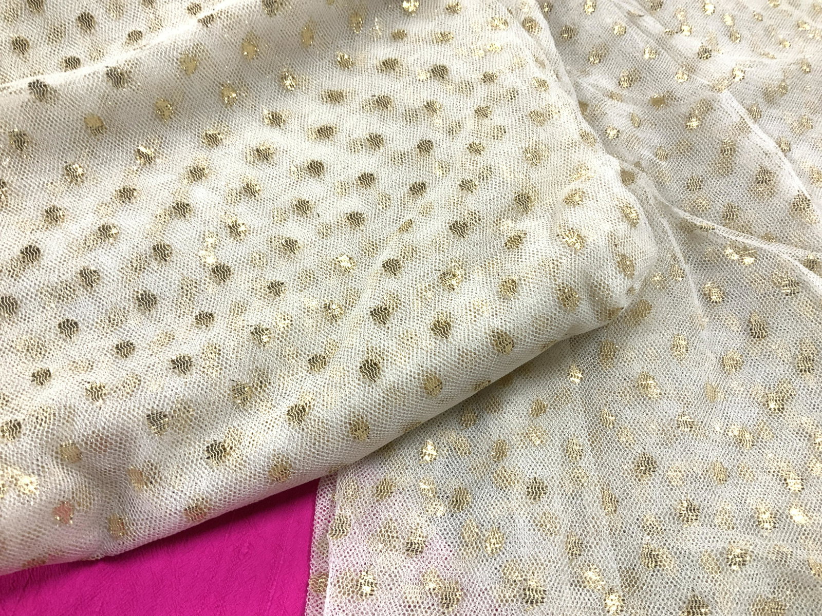 Lot 7 Fabrics/Party Tablecloths: Round table cloths, 2 types, sheer tat with gold polka dots and hot pink heavy fabric ( possibly cotton gauze). Up cycle or use as is. catering, theater background decor and clothing, up cycle fabrics