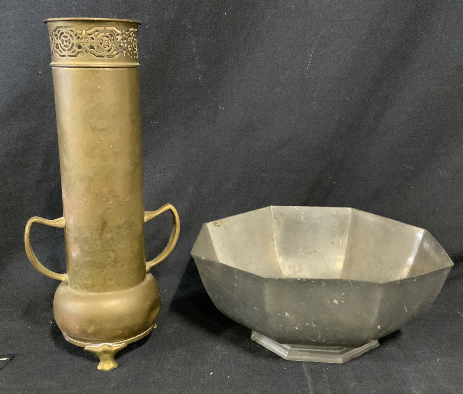 Lot 2 Vintage Fireplace Accessories: Lot includes two metal hearth accessories, possibly antique. Includes a footed brass match holder, and a GORHAM pewter bowl. Match holders rim is pierced, bowl is octagonal. Largest piece measures app