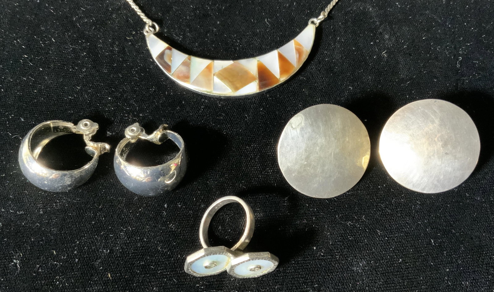 Lot 4 Vintage Jewelry, Ring, Necklace, & Earrings: Lot 4 Vintage Ring, Necklace, & Earrings, inscription to hoop earrings read ‘Monet’, measure 7/8 inches in diameter, inscription to screw back earrings reads ‘Jontye Sterling’, measure 1 inch 