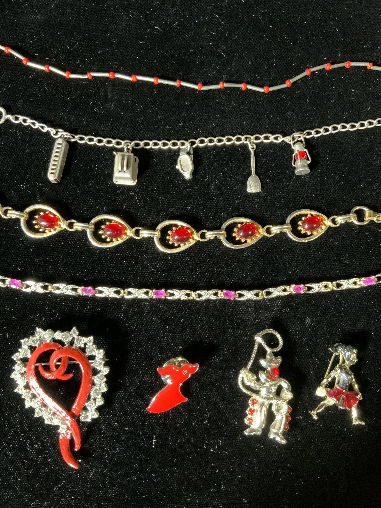 Lot 8 Brooches, Necklaces, & Bracelets: Lot 8 Brooches, Necklaces, & Bracelets, inscription to topaz bracelet with box clasp reads ‘Han 925 Tha’, measures 8 inches long, tested positive for topaz on Presidium gem tester, inscription to 