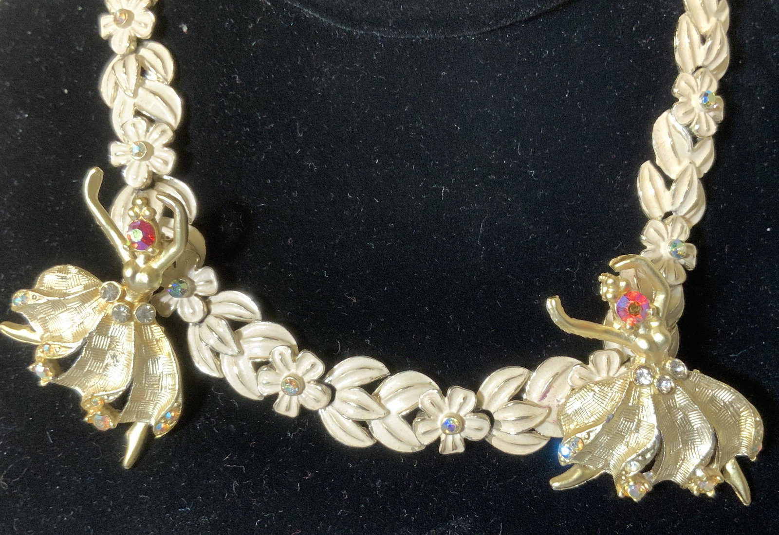 Lot 3 Vntg Enamel Necklace, Ballerina Brooches: Floral enamel choker necklace with center rhinestone , 13- 15.5 in. Pair dancing ballerinas with rhinestone face, brushed metal skirt adorned by clear crystals. 1.5 in. Ballerina, Flower, choker Neckl