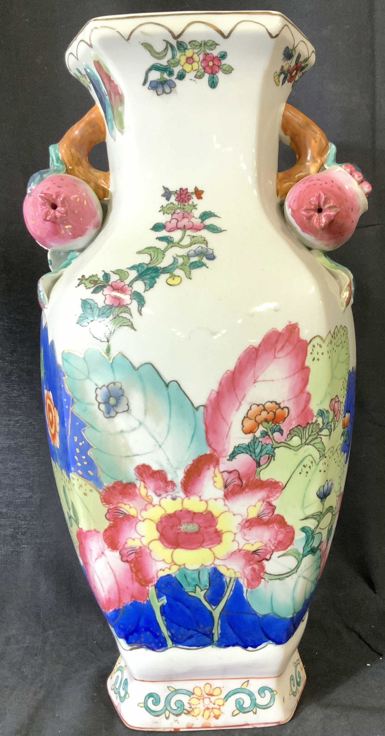 Hallmarked Chinese FANG HU Porcelain Vase: Vintage Porcelain Asian Vase, floral bud ring handles and ceramic flower forms in relief. Brilliant color patina, hand painted birch leaves in blue, green aqua, & pink, dotted with gilt, famille rose 