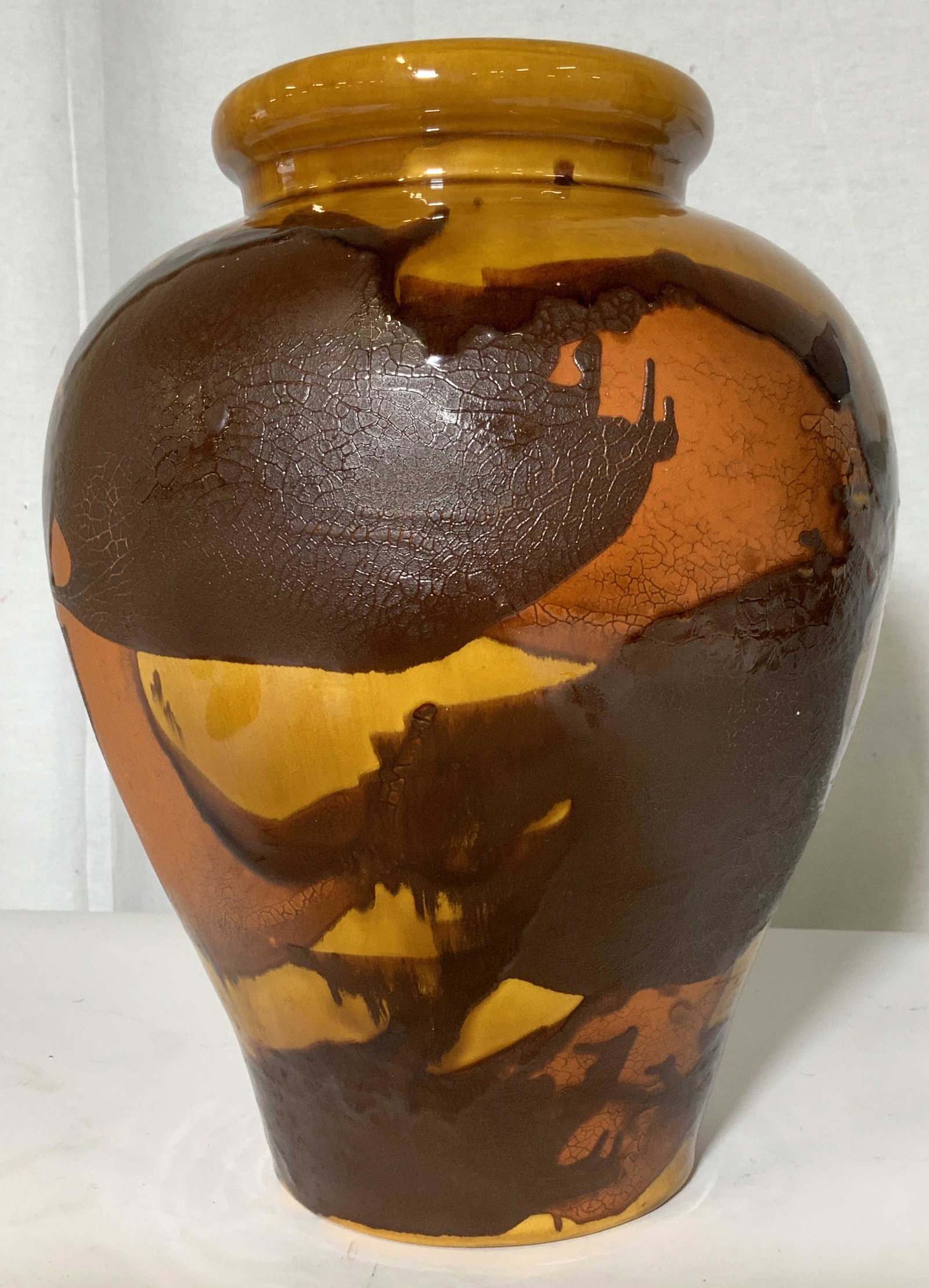 ROYAL HAEGER Abstract Mosaic Earthenware Vase: Mixed media vase, glazed, crackle paint, dripping designs, mosaic abstract pattern ceramic vase. Mid century. Hallmarked Royal Haeger USA The Haeger Potteries Inc Dundee I’ll. 11 in. Ht, 9 in. W. Gl