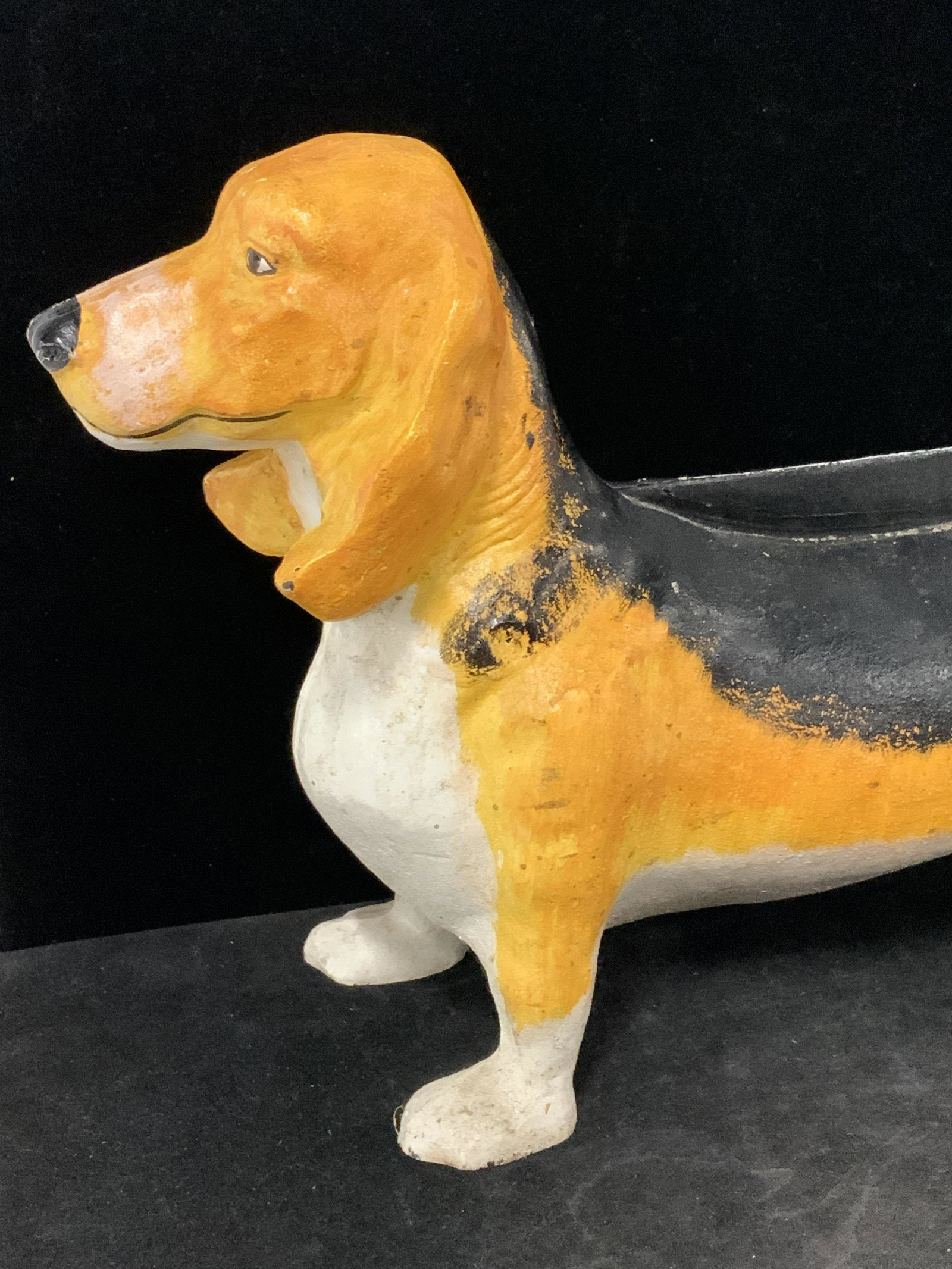 Antique 19th Century Iron Dachshund Boot Scraper: Hand painted cast iron dachshund boot scraper, late 1800s antique collectible, very heavy. Scraper is apr 5.75 in. Dog measures 14 in. L x 4 in. Wide. Good use as a door stopper at the same time. Mud 