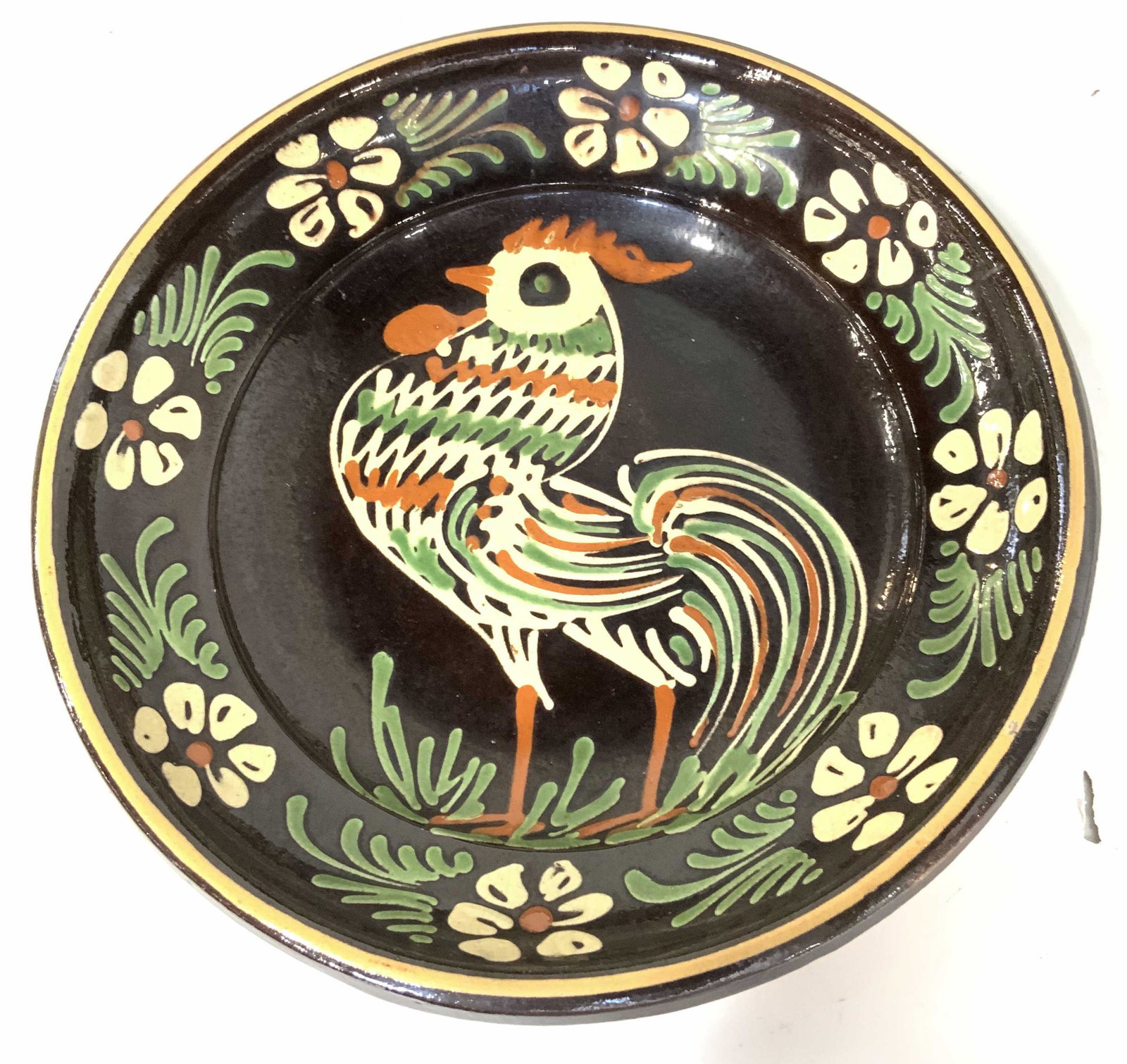 Embossed Chicken Motif Earthenware Plate/ Bowl: Vintage decor or tableware terra Cotta pottery plate. Substantial weight. Has built in holes holes for hanging on wall but can also be used as a very nice vintage centerpiece. Possibly Red Wing potter