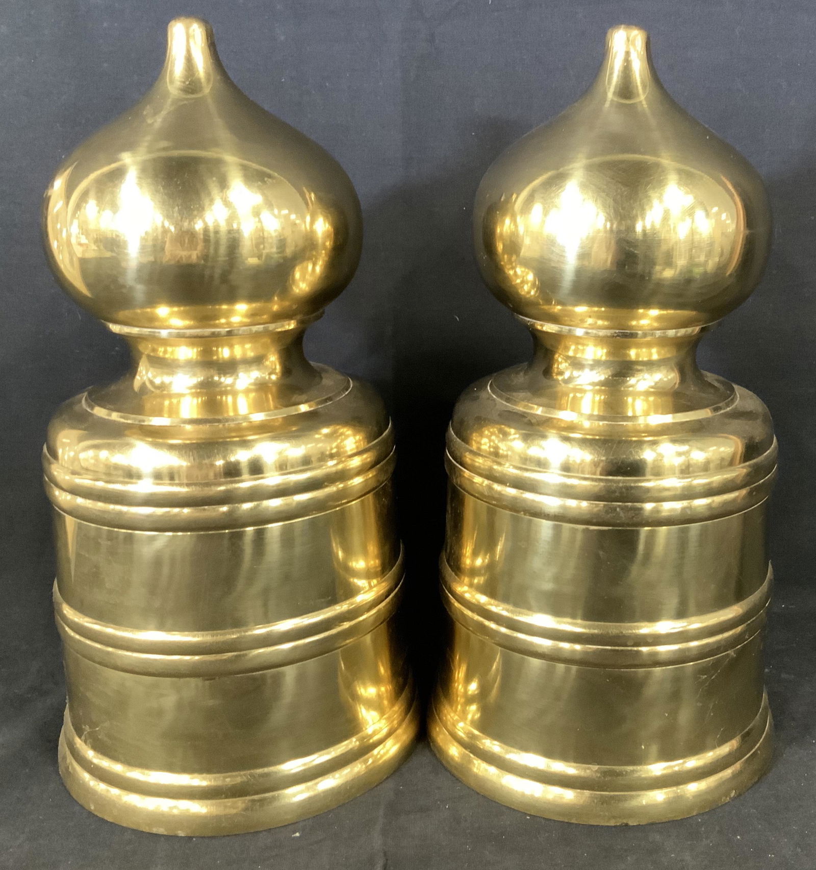 Pair BRASS ARABIC TABLE ACCESSORIES: Large cast brass Arabic architectural domes/ finials. Hollow, medium weight, unique and very decorative. App 11.5 in. Ht, 6 in. W. Middle Eastern Decor, Cast Brass Tabletop Accessories, Brassware, Ara