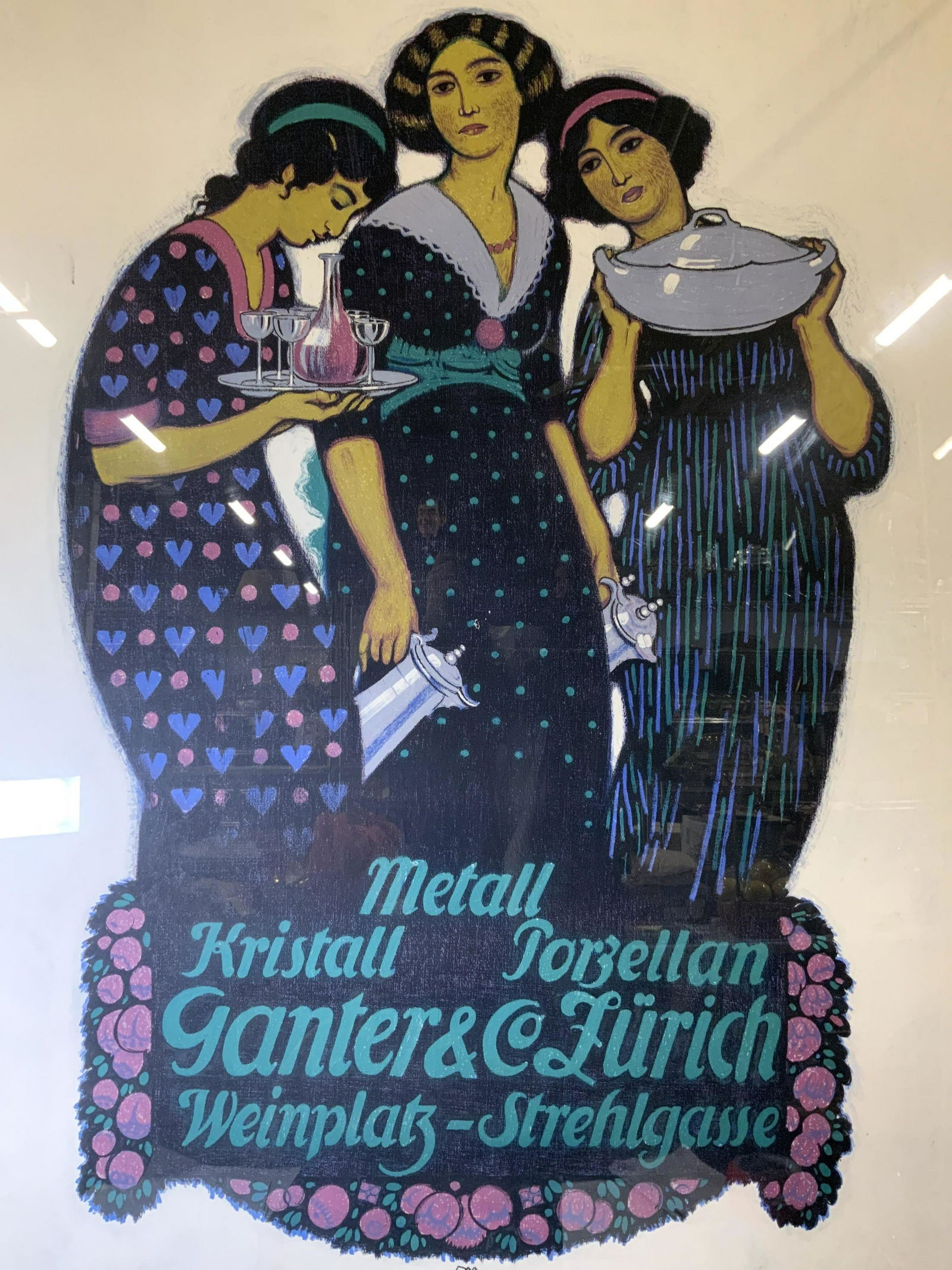 BURKHARD MANGOLD Ganter & Co Lithograph: BURKHARD MANGOLD Ganter & Co Lithograph, inscription to piece in German, label to reverse reads ‘Frames of Mine’, subject three women holding dishes and glasses, measures 54 1/4 x 40 1/8 inches ,