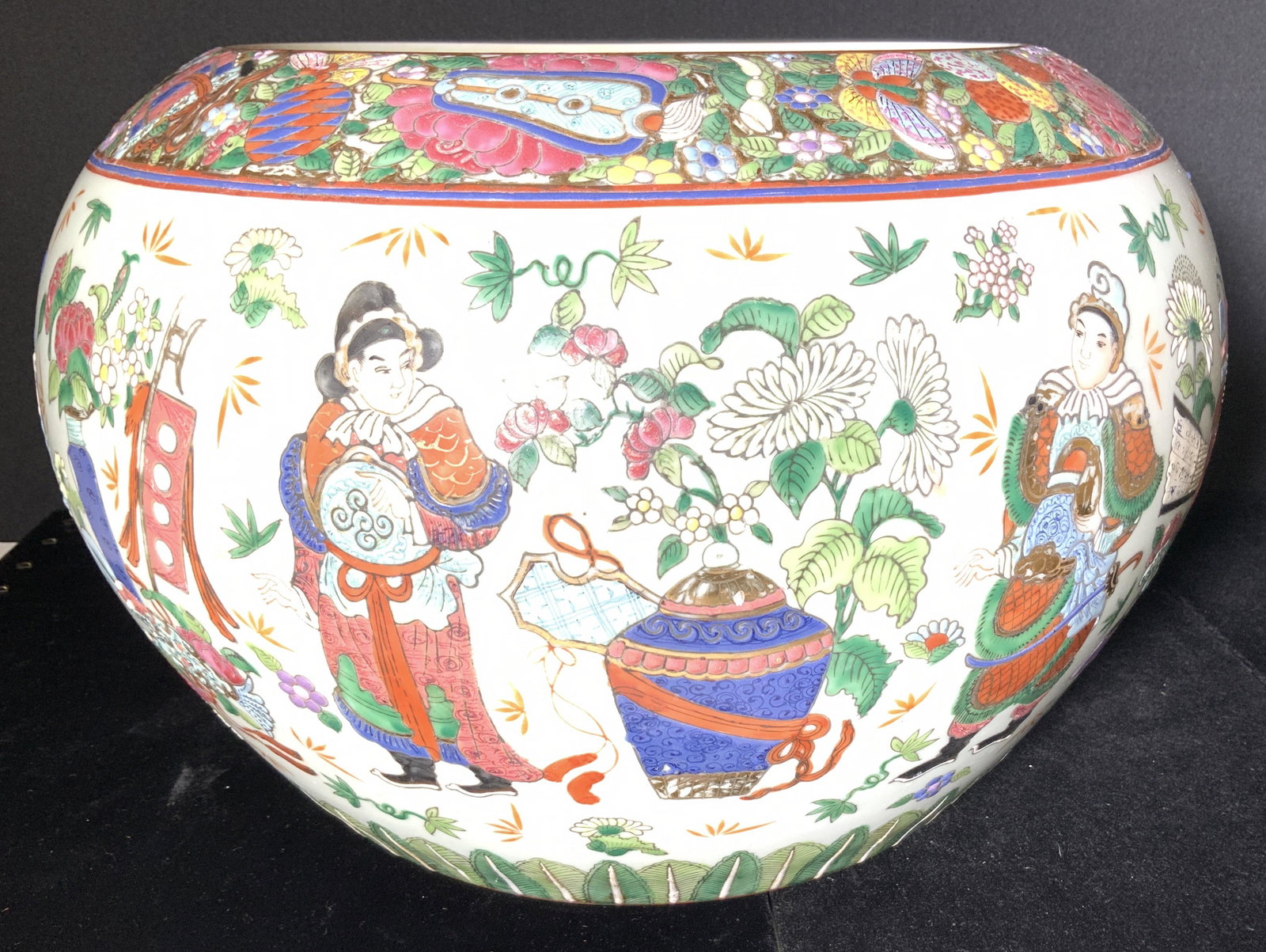 Grand Vintage Signed Asian Porcelain Centerpiece: Detailed thick walled porcelain bowl, intricate gilt, butterfly, floral & fruit border. Central motif Chinese men and women in ceremonial clothing with traditional Asian Cultural objects. Bowl has sta