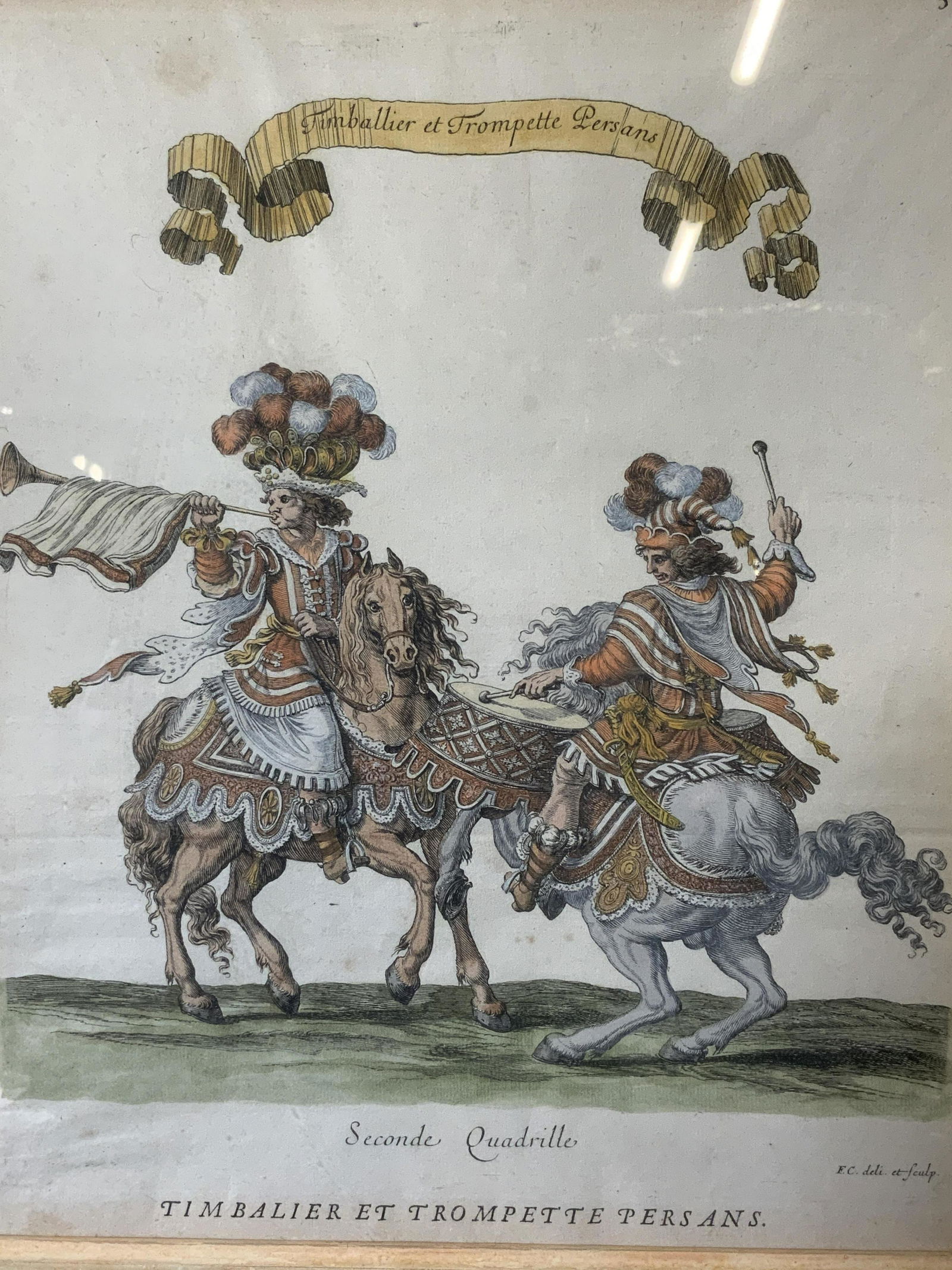 Antique 18th C Hand Colored French Engraving Art: Antique 18th century hand colored French engraving, text to upper border reads ‘Timballier et Trompette Persans’ or ‘Persian timball player and trumpet’, text to lower border from left to righ