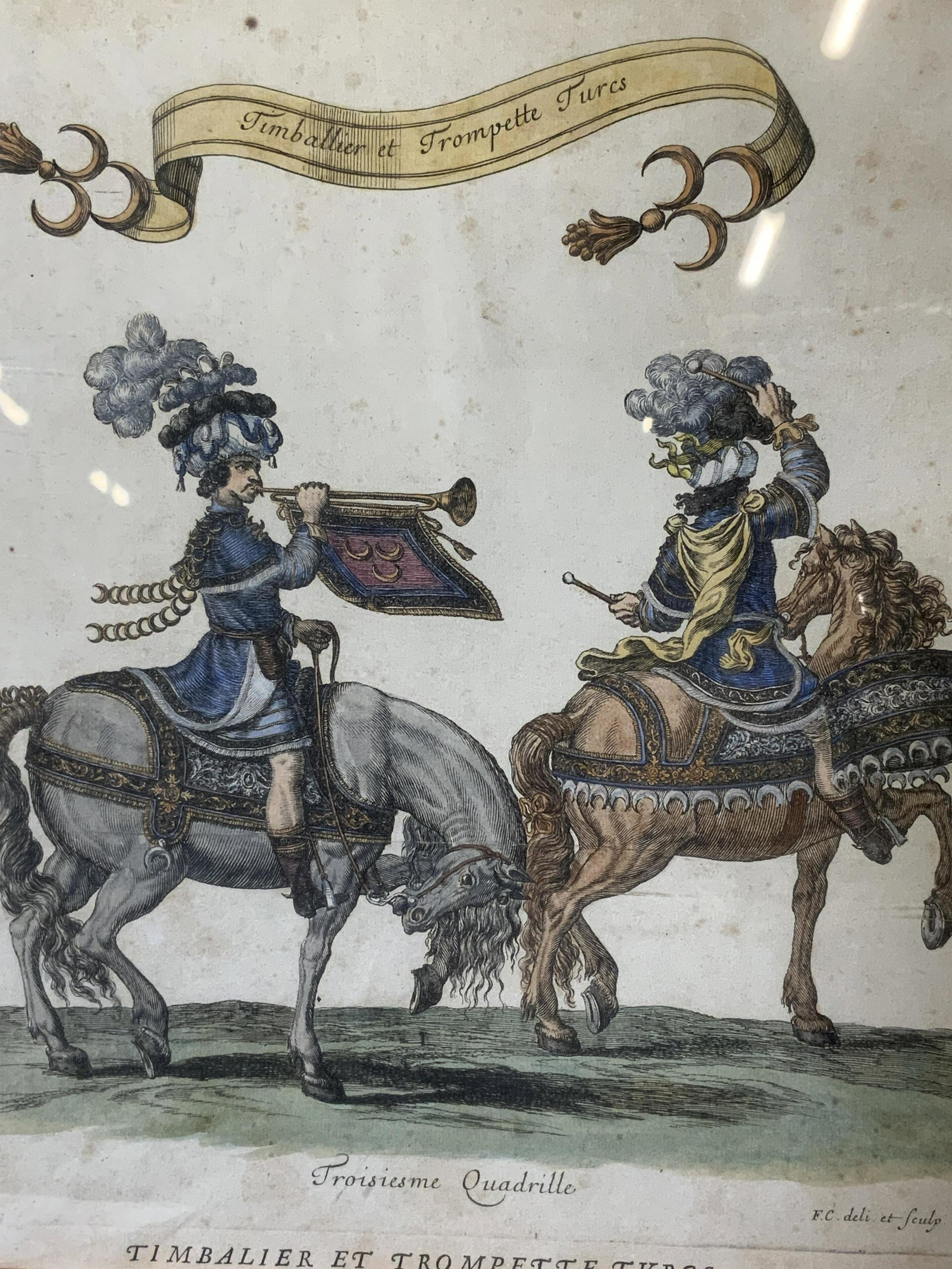 Antique 18th C Hand Colored French Engraving Art: Antique 18th century hand colored French engraving, text to upper border reads ‘Timballier et Trompette Turcs’ or ‘Turkish timball player and trumpet’, text to lower border from left to right 