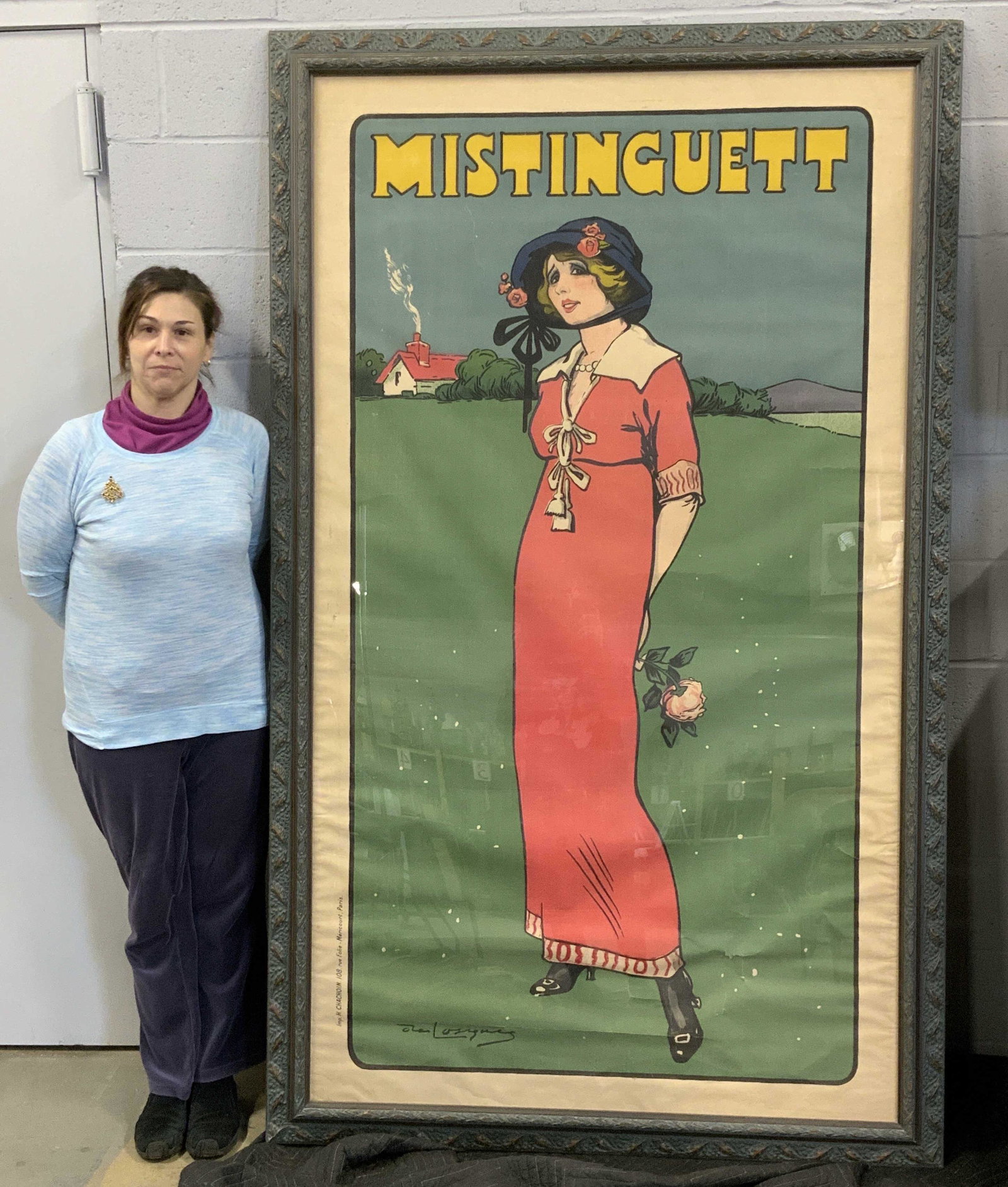 Vintage Litho Mistinguett by Daniel DeLosques 83in: Oversized Vintage lithographic poster of Mistinguett by Daniel DeLosques, text to upper border reads ‘Mistinguett’, signature printed to lower left corner reads ‘Dan DeLosques’, text to lower 