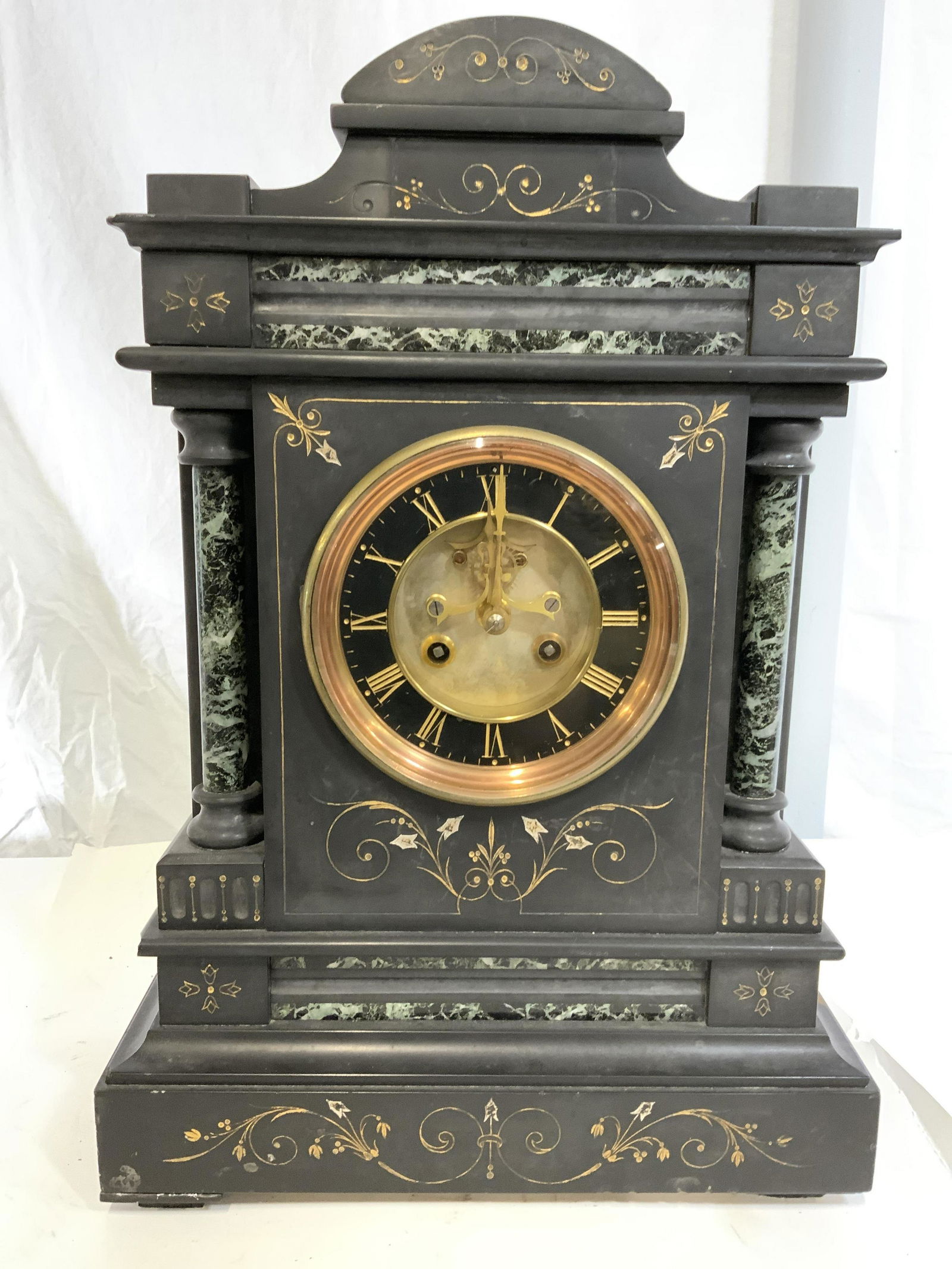 Vintage Hand Painted Slate Mantle Clock: Vintage, possibly antique, slate mantle clock. Clock face is metal, behind a hinged glass door. A door on clock back allows access to clock mechanisms, pendulum needs replacing. Slate is decorated by