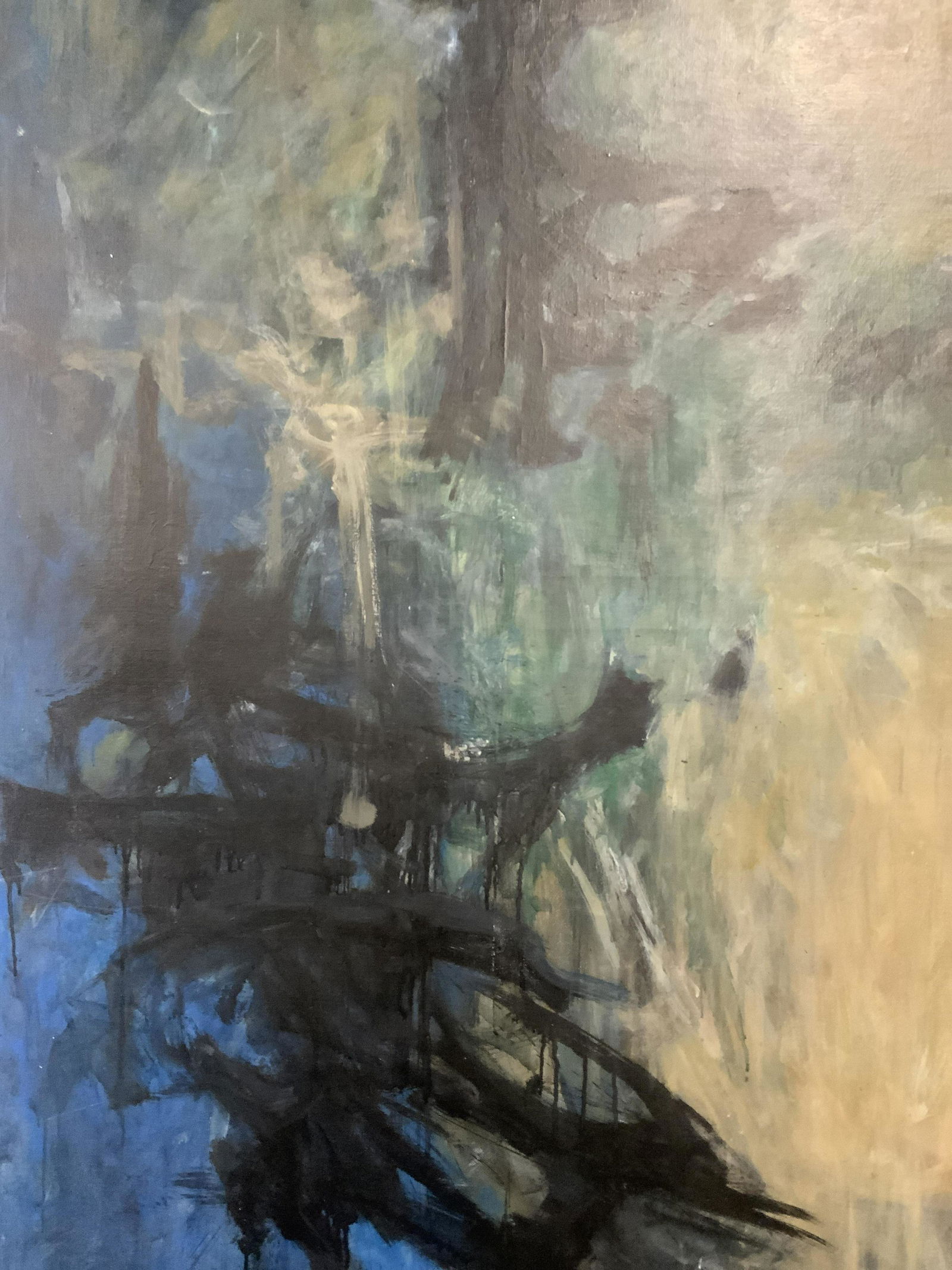 BEN BENN Signed Oil on Canvas ‘62: Ben Benn Signed Oil on canvas, signature to the lower left corner reads ‘Ben Benn’, date aside signature reads ‘62’, subject an abstract piece with cool colors and black line work, some chips