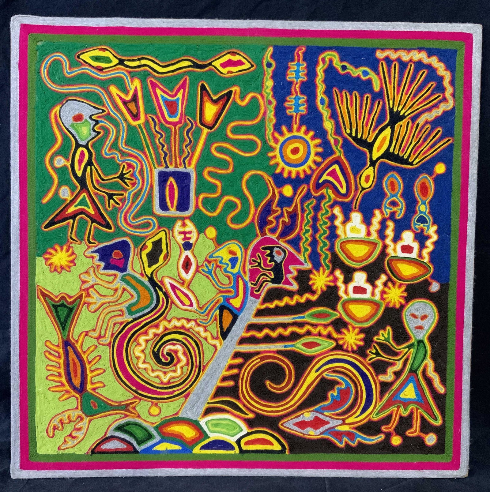 JOSE BENITEZ SANCHEZ Signed Yarn Painting on Wood: Jose Benitez Sanchez Signed Yarn Painting on wood, signature as well as extensive text in Spanish to reverse, label to reverse reads ‘Ankrum Gallery Artist: Jose Benitez Sanchez, Title: Untitled, Me