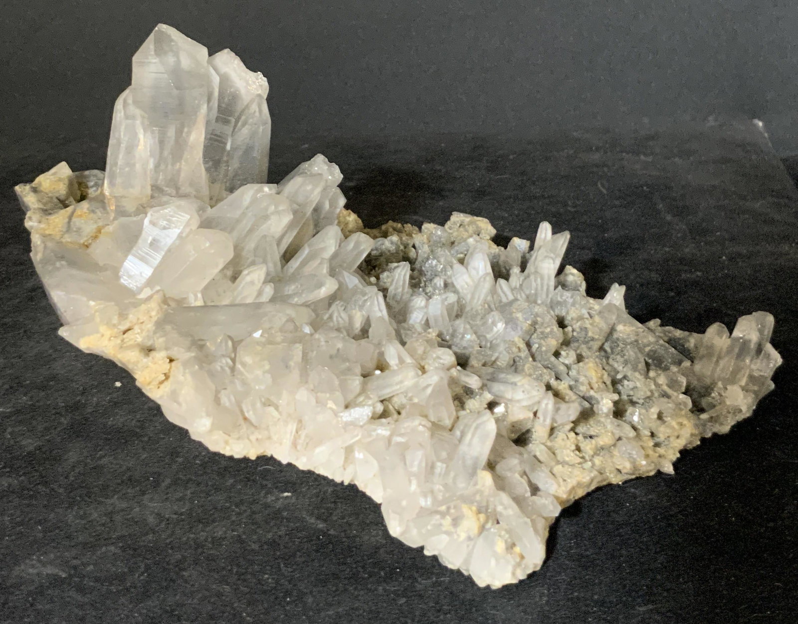 Natural Quartz Crystal Cluster: A natural Quartz stone cluster. Piece is raw and organic. Pillars and points jut out from all sides. Approx. 4H x 6.5W in. Quartz, Quartz cluster, home decor, home accessories, healing crystal, raw cr