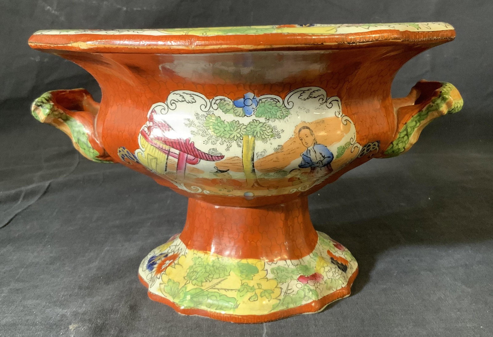 Vintage MASON’s Ironstone China Footed Bowl: Vintage MASON’s Ironstone China Footed Bowl, possibly antique, stamp reads ‘Mason’s Patent Ironstone China England’, inscription possibly reads ‘C107’, measures inches tall x 9 7/8 inches 