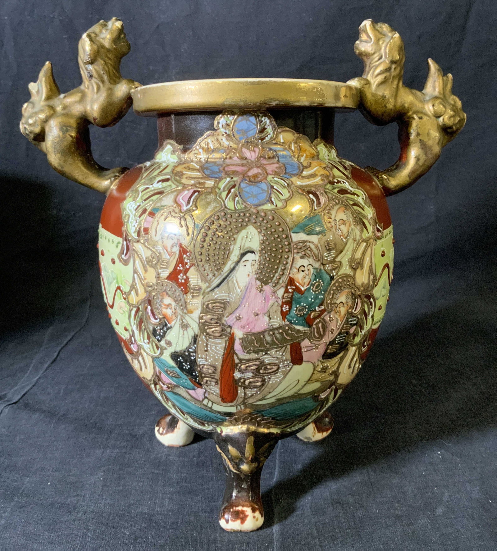 Japanese Style Ceramic Moriage Vessel: Japanese Style Ceramic Moriage Vessel, no apparent inscriptions or marks, measures 11 1/8 inches tall x 10 1/2 inches at widest point, some chips, surface wear, and losses to design, Property of Multi