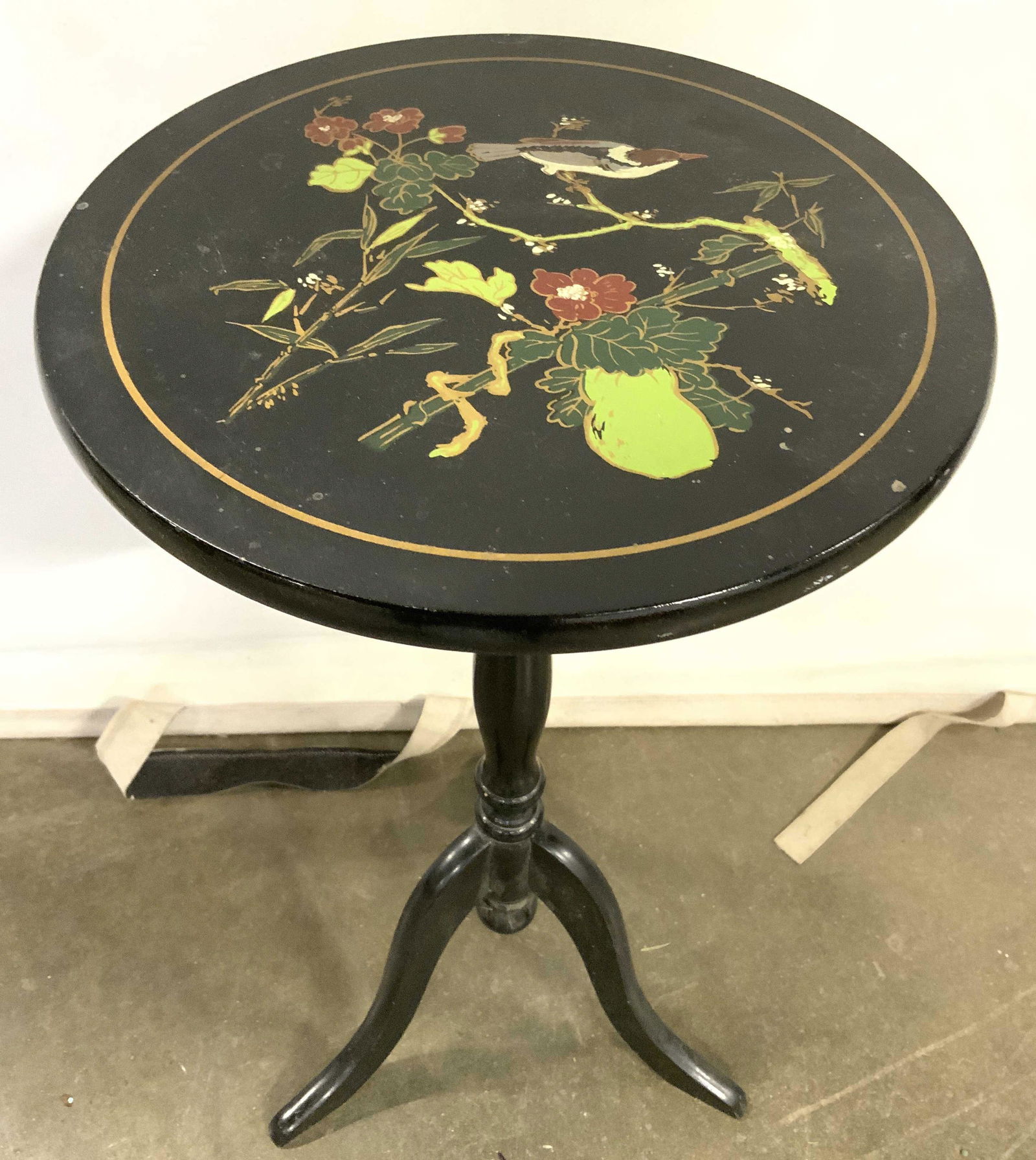 Vintage Hand Painted Asian Pedestal Table: Pedestal table is vintage. Piece has circular shaped top. Table has hand painted floral, leaf & bird detail. Piece measures approx 23 inches tall 12 inches wide. Vintage side table, side table, end ta