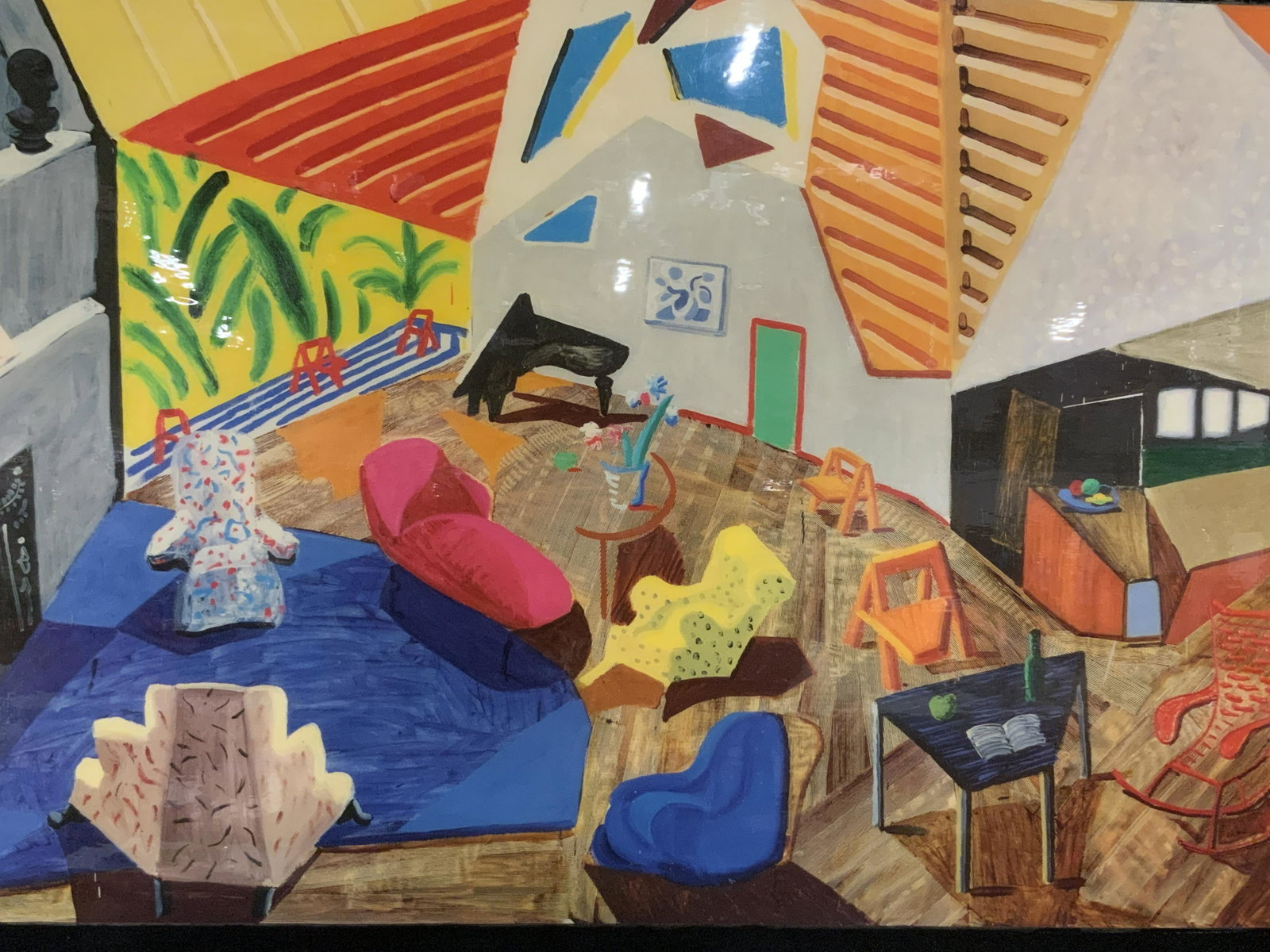 Abstract Expressionist Offset Lithograph, Artwork: Abstract expressionist offset lithograph, no apparent inscriptions or markings, offset lithograph on resin possibly lucite with wood panel backing, subject a room filled with various chairs from diffe