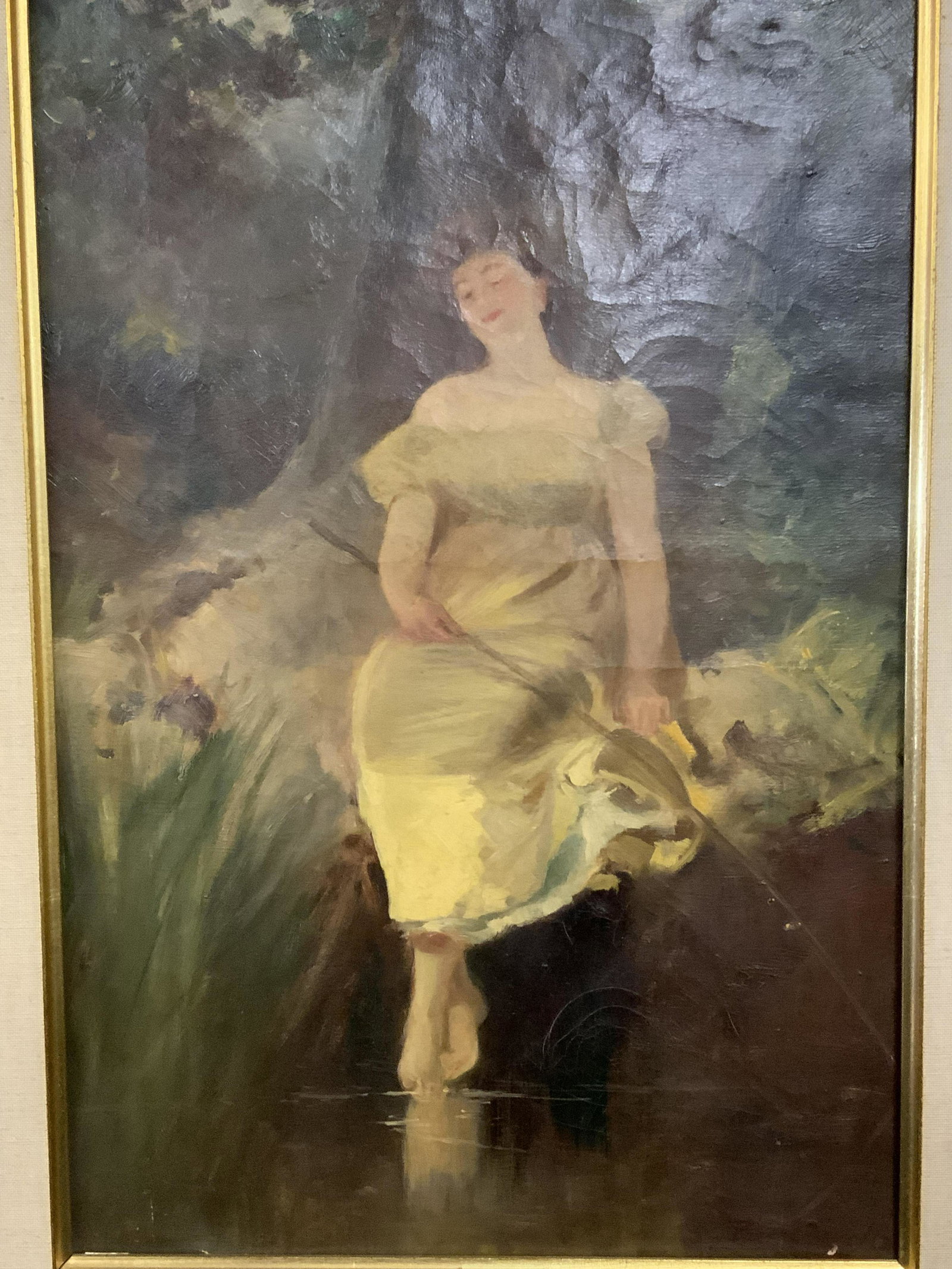 Signed Oil on Canvas Painting of a Woman, Artwork: Signed oil on canvas painting of a woman, signature to the lower right corner possibly reads ‘Pierre Lerolle’, subject a woman seated on a tree branch in a white gown, hand carved ornate gilt wood