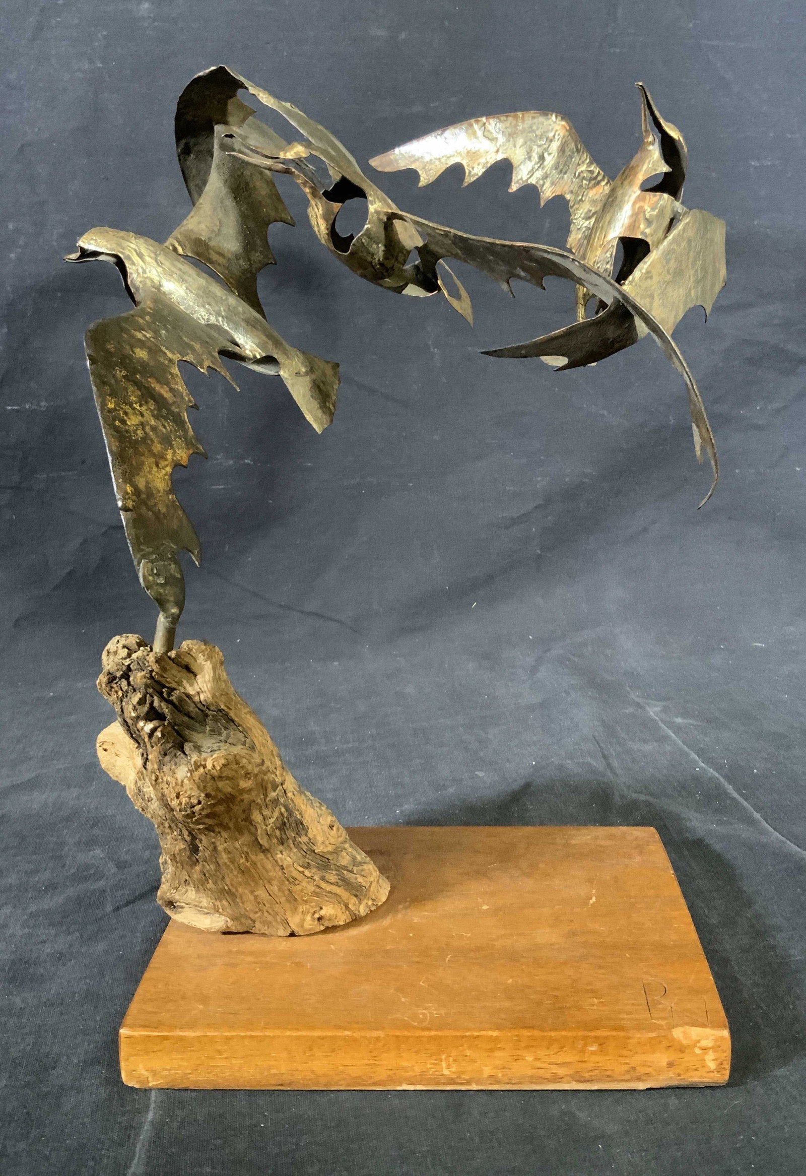 RN Signed Metal & Wood Bird Sculpture: RN Signed Metal & Wood Bird Sculpture, inscription reads ‘RN’, subject three suspended birds, measures 12 1/4 inches tall x 10 3/8 inches at widest point, some surface wear to piece, RN, signed, m