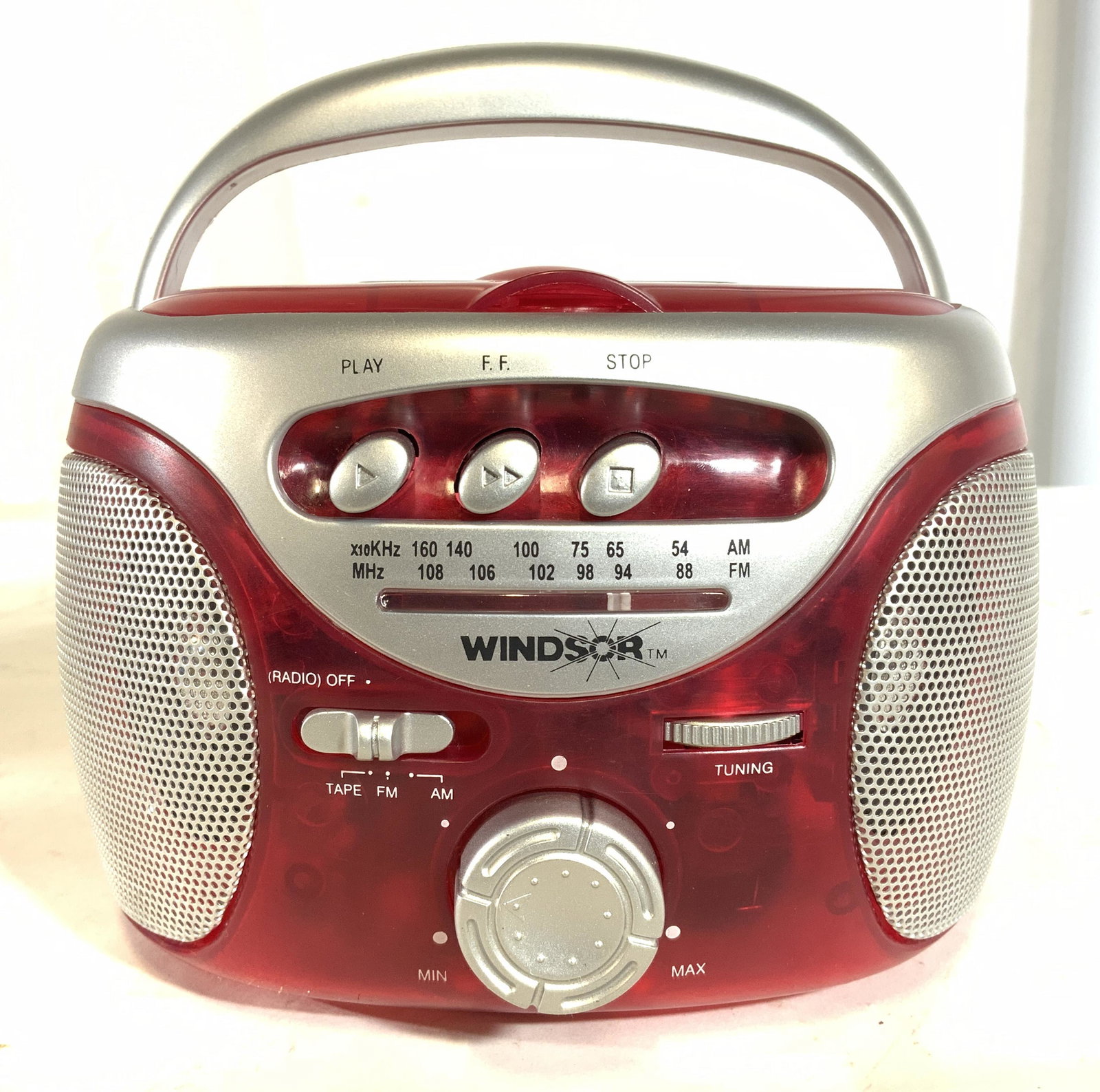 Vintage WINDSOR MODEL CP-37T Radio & Box: Lot includes radio & box. Box reads WINDSOR INDUSTRIES. Radio has volume control knob, function switch, folding handles, headphone jack. Tuning control, & cassette player as stated on box. Radio measu