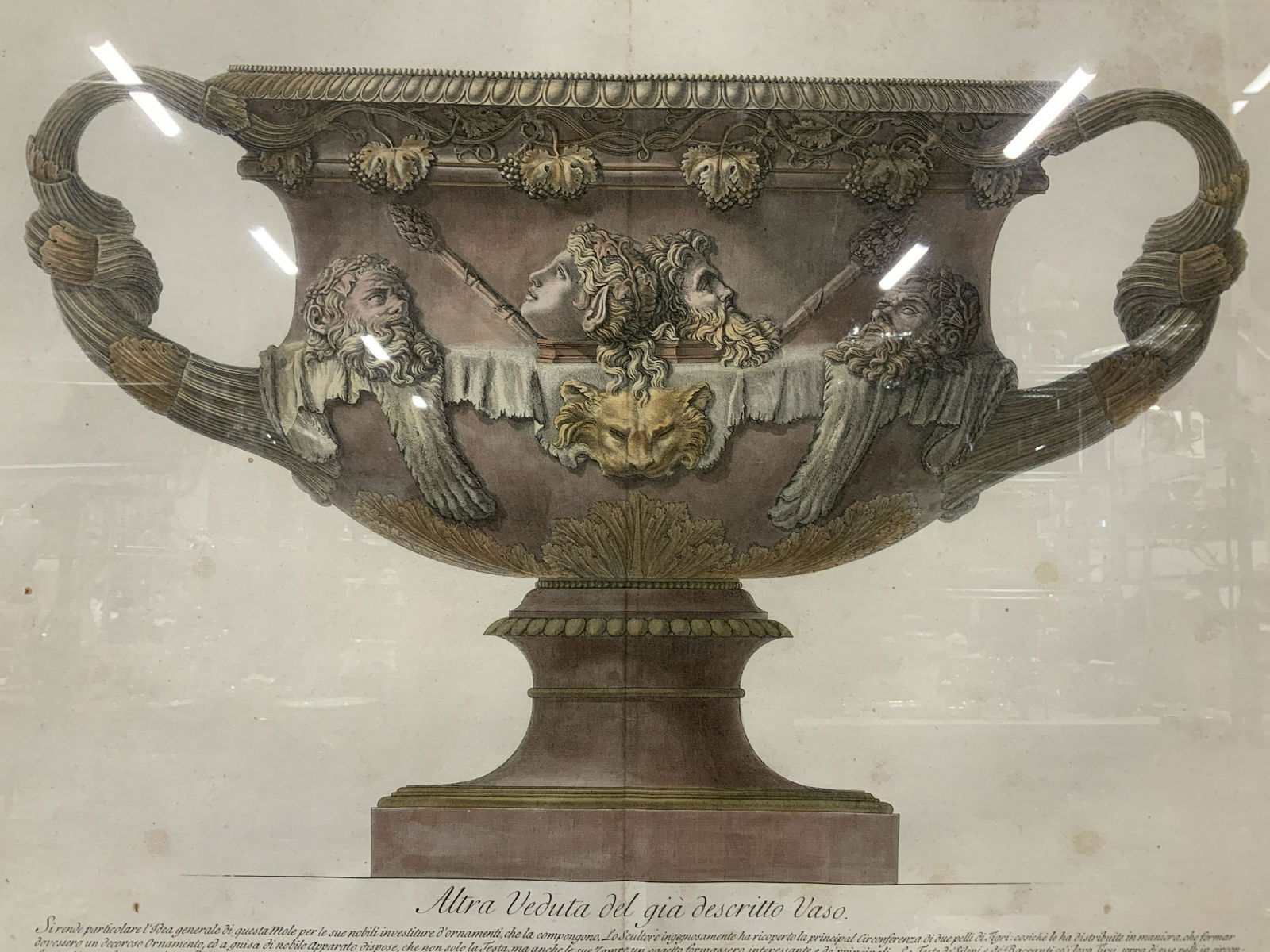 GIOVANNI BATTISTA Warwick Vase Engraving: GIOVANNI BATTISTA PARANISI Warwick Vase hand colored Engraving, one of three pieces in a series in this auction, inscription to piece in Italian, subject a large vase, measures 27 5/8 x 33 5/8 inches,