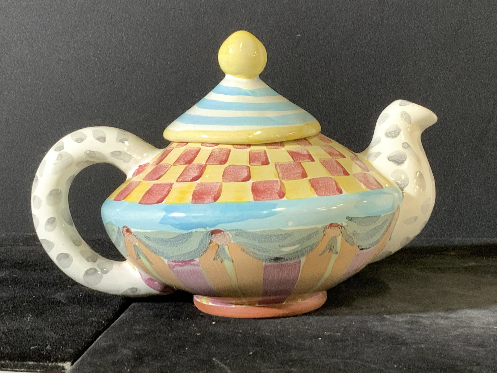 Luxury Mackenzie Childs 3 Pc Ceramic Tea Set: Hand painted Vintage Mackenzie Childs Teapot, Creamer and Sugar bowl, all registered trademark MC 1983 with 1994 impressed hallmark into the terra cotta. Classic whimsical designs by MC, teapot measur