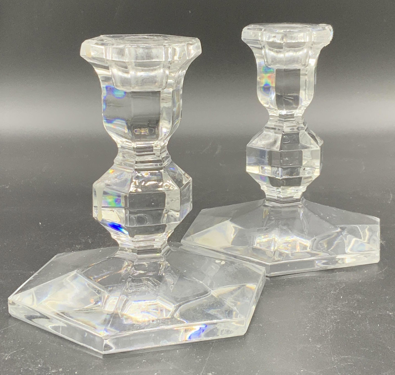 PAIR VAL ST. LAMBERT FRANCE CRYSTAL Candlesticks: Hallmarked vintage pair with short prism pedestal. Pattern called Gardenia. Undersides read in white , Val St Lambert. Base 5 in. Ht 4 7/8 in. Val St. Lambert Gardenia Crystal 4 7/8 Short Candlesticks