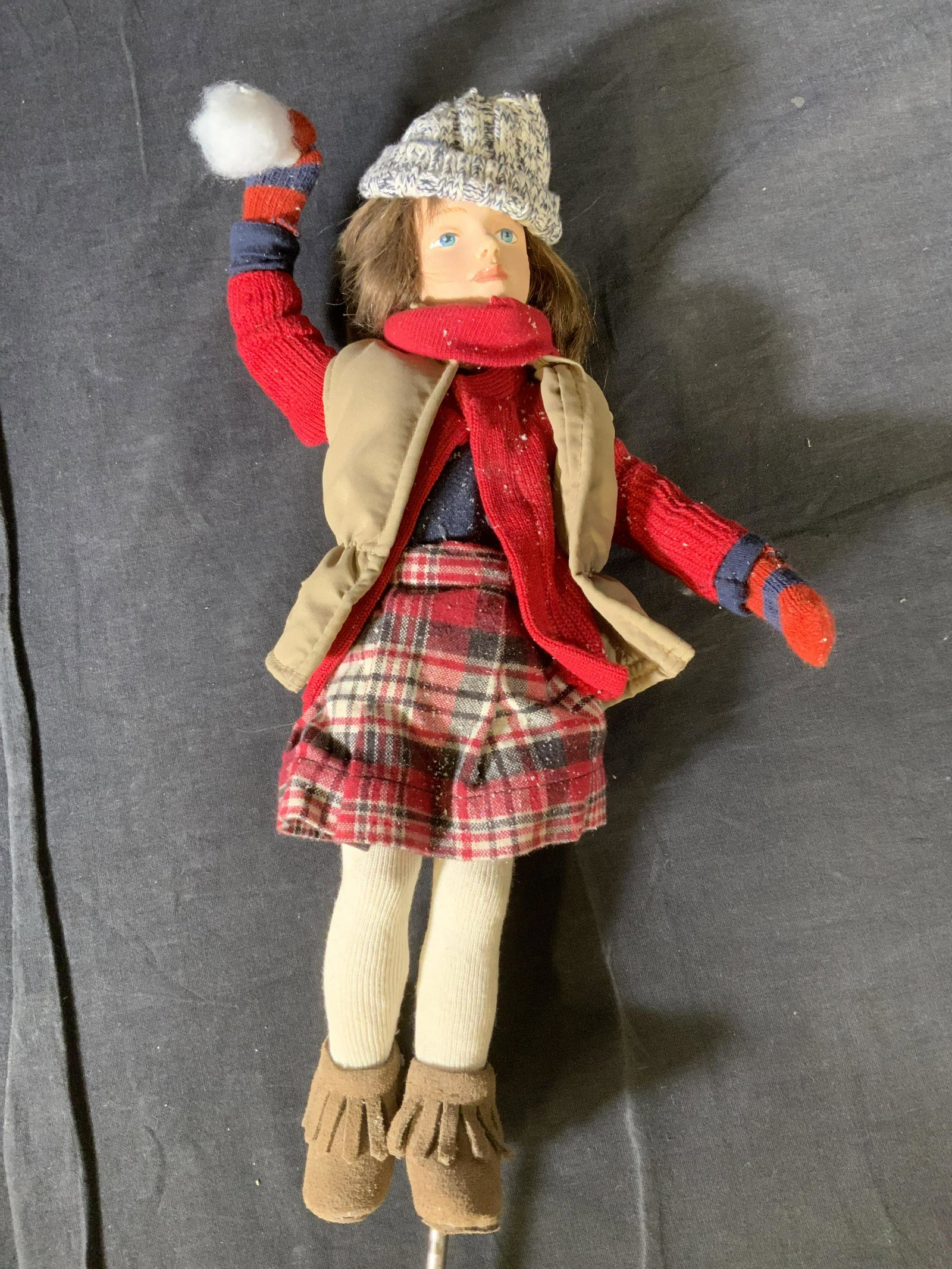 LORD & TAYLOR Window Display Puppet: LORD & TAYLOR Window Display Puppet, no apparent inscriptions or marks, a young girl in winter clothes throwing a snowball, measures 22 1/8 x 8 5/8 inches at widest point, Collectible Lord & Taylor wi