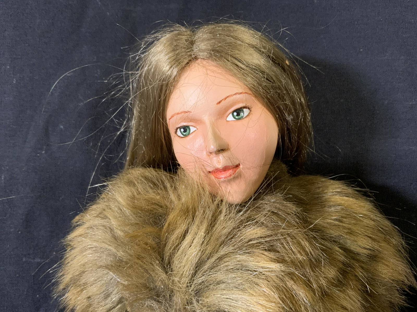 LORD & TAYLOR Window Display Puppet: LORD & TAYLOR Window Display Puppet, no apparent inscriptions or marks, a fashionably dressed woman in faux fur and corduroy pants, measures 17 3/4 x 7 3/4 inches at widest point, some surface to shoe