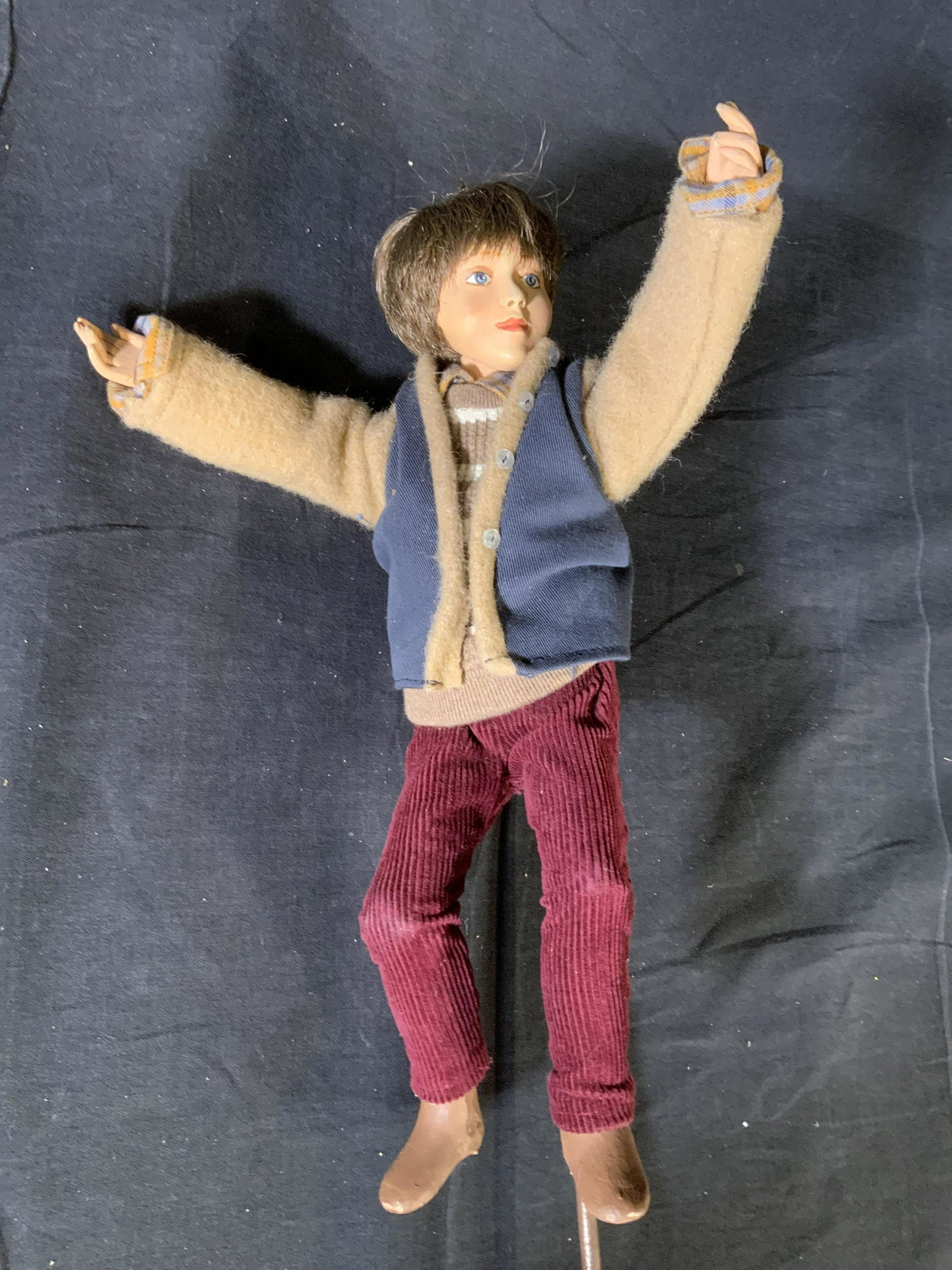 LORD & TAYLOR Window Display Puppet: LORD & TAYLOR Window Display Puppet inscription to metal reads ‘Roland’, a young boy in a jacket and corduroy pants, measures 20 inches tall x 8 5/8 inches at widest point, some surface wear to pi