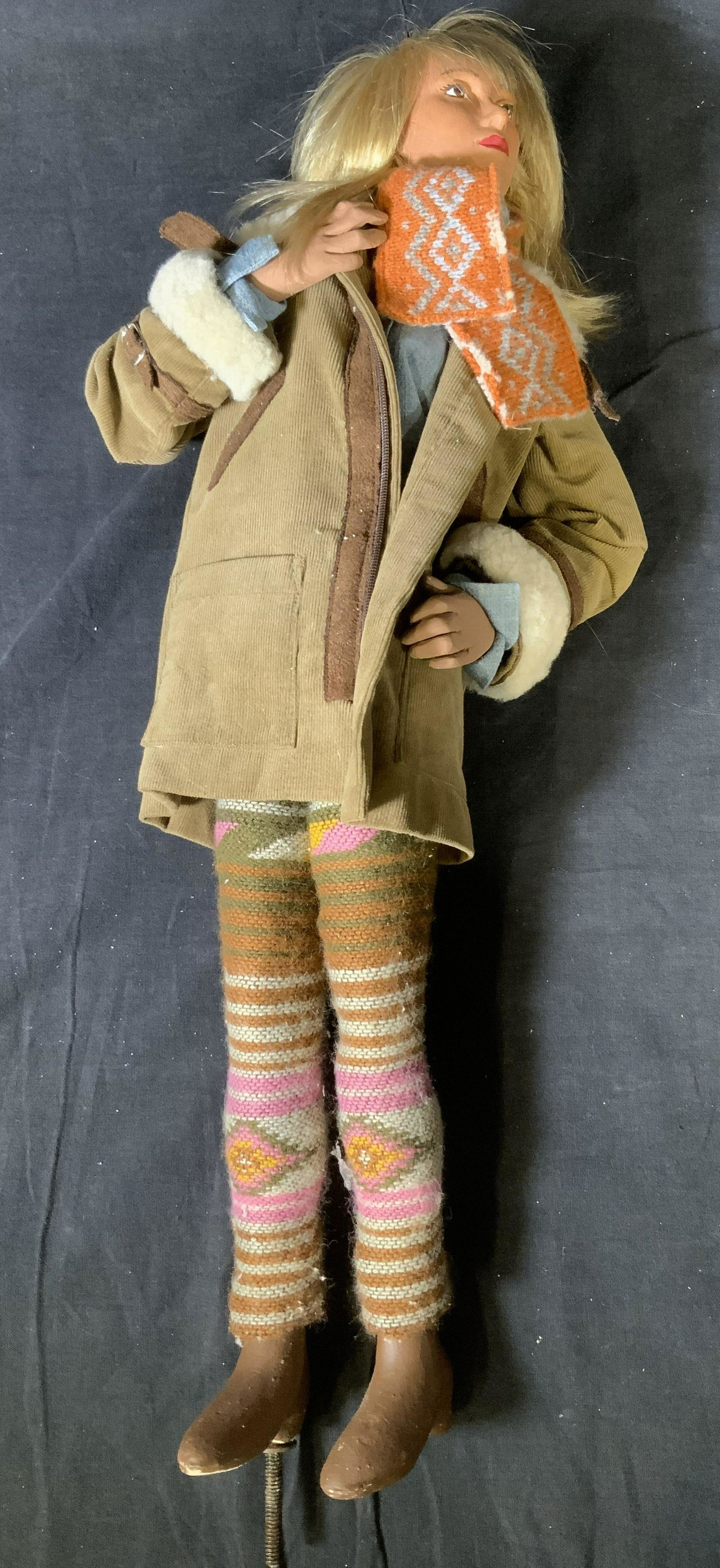LORD & TAYLOR Window Display Puppet: LORD & TAYLOR Window Display Puppet, no apparent inscriptions or marks, a woman in a corduroy jacket and leggings, measures 22 5/8 x 8 5/8 inches at widest point, some surface wear to doll, Collectibl