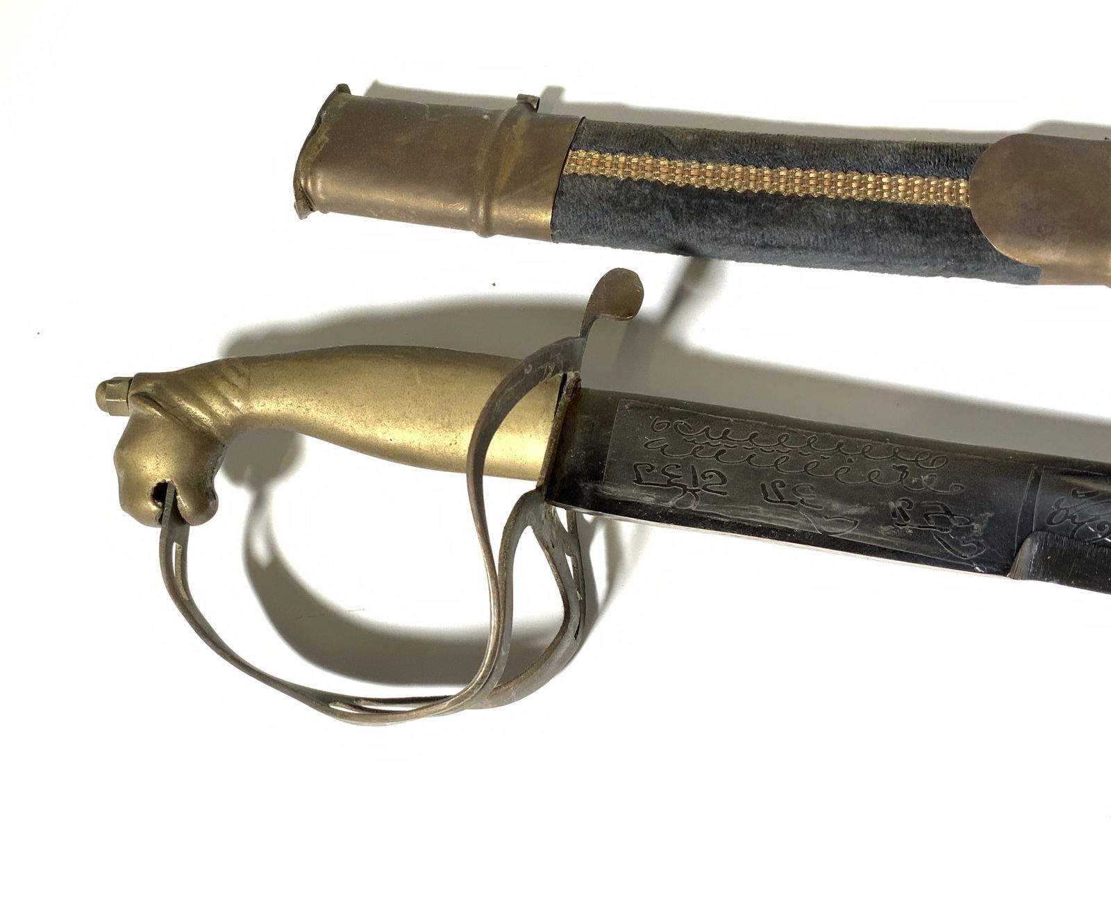 Pair Vintage Persian Sabers with Panther Pummel: Pair vintage Persian sabers with Panther pummels, vintage possibly antique, each is in a velvet lined scabbards on in red one in blue, both have Panther headed pummels to their grips, scabbard to the