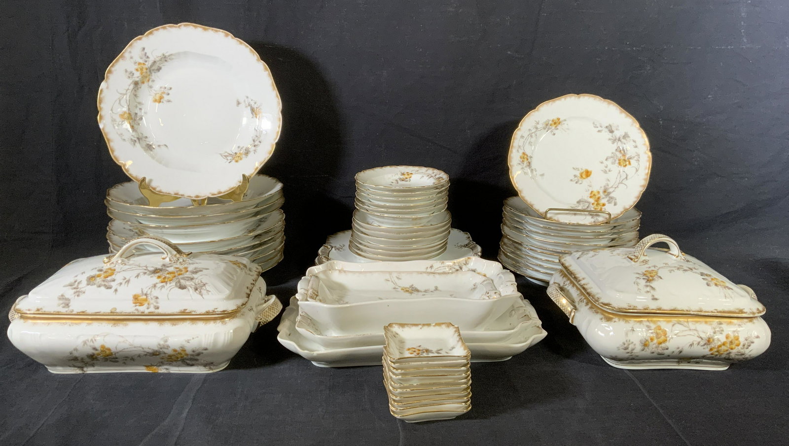 Set 53 CHARLES FIELD Haviland Limoges Dinnerware: Set 53 CHARLES FIELD Haviland Limoges Dinnerware, c 1882, stamps read ‘CFH/GDM’ and ‘CH Field & Haviland Limoges’, smallest saucers measure 5 3/4 inches in diameter, butter pats measure 2 3/4 
