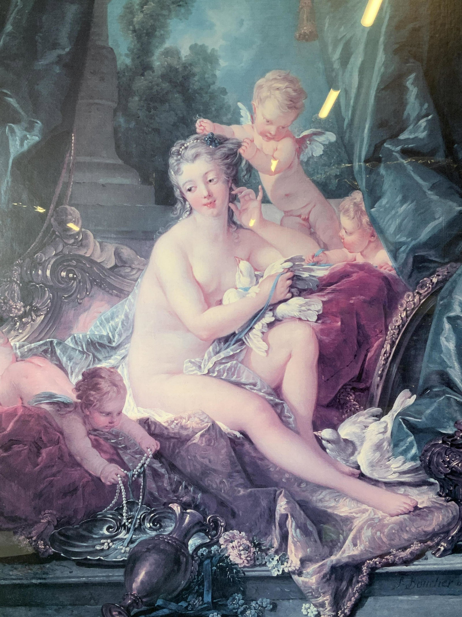 Offset Litho The Toilette of Venus by Boucher: Offset Lithograph The Toilette of Venus by Boucher, signature printed to the lower right corner reads ‘Boucher’, subject a personification of the goddess Venus or Aphrodite with doves and putti, l