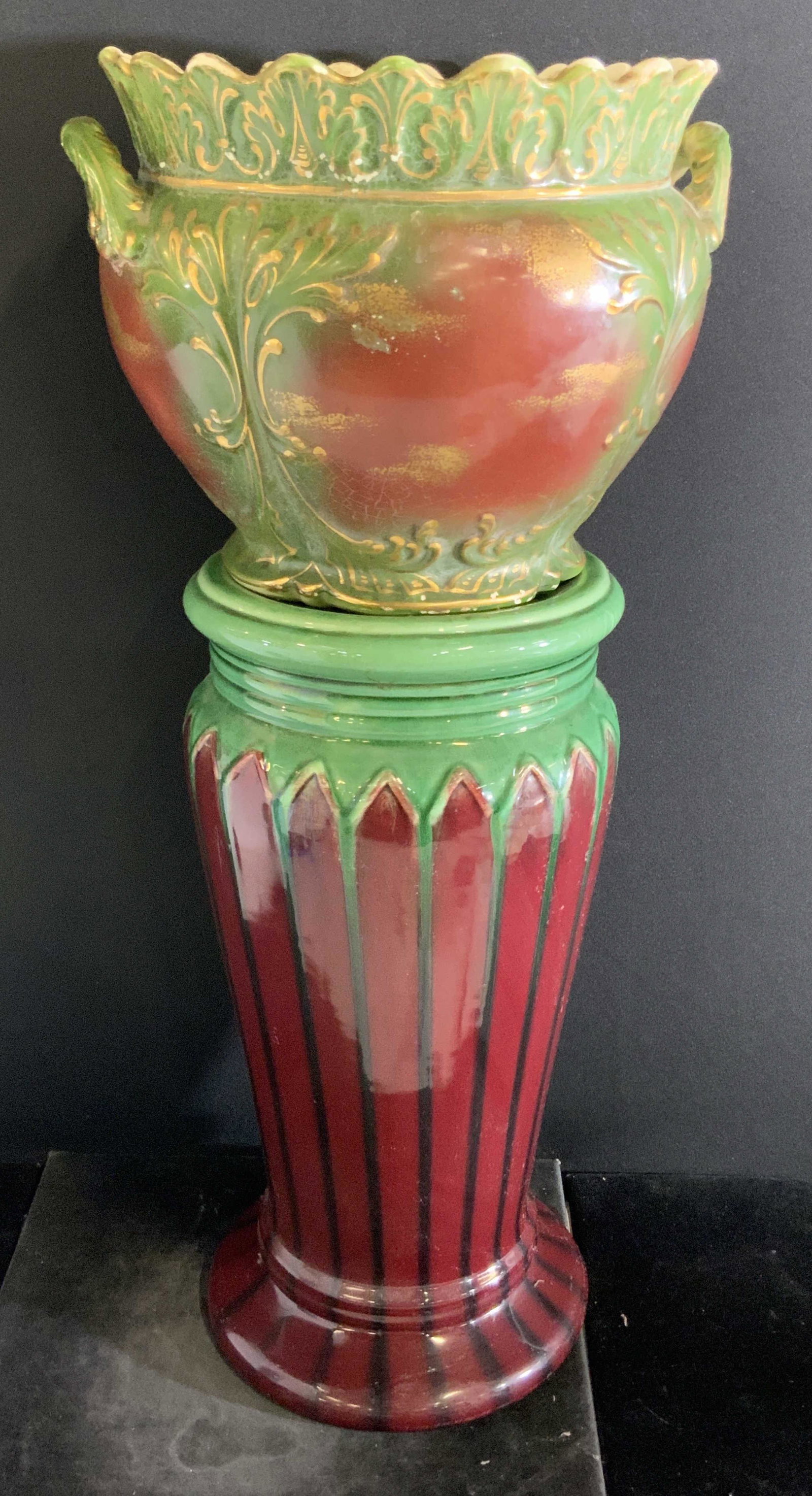 NearPair Vintage Ceramic Jardiniere, HAYNES & More: A near pair featuring an oversized ceramic planter and stand. Can be displayed separately or together. The planter fits atop the stand to create dramatic Jardiniere decor. Planter features a scalloped