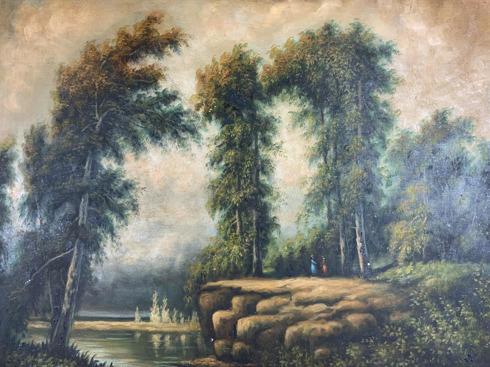 F THOMAS Signed Landscape Oil Painting, Artwork: F THOMAS Signed Landscape Oil Painting, signature to lower left reads ‘F Thomas’, card to reverse reads ‘Galary Cairo”, subject two figures in a forest, measures 34 1/2 x 42 1/2 inches, ornate