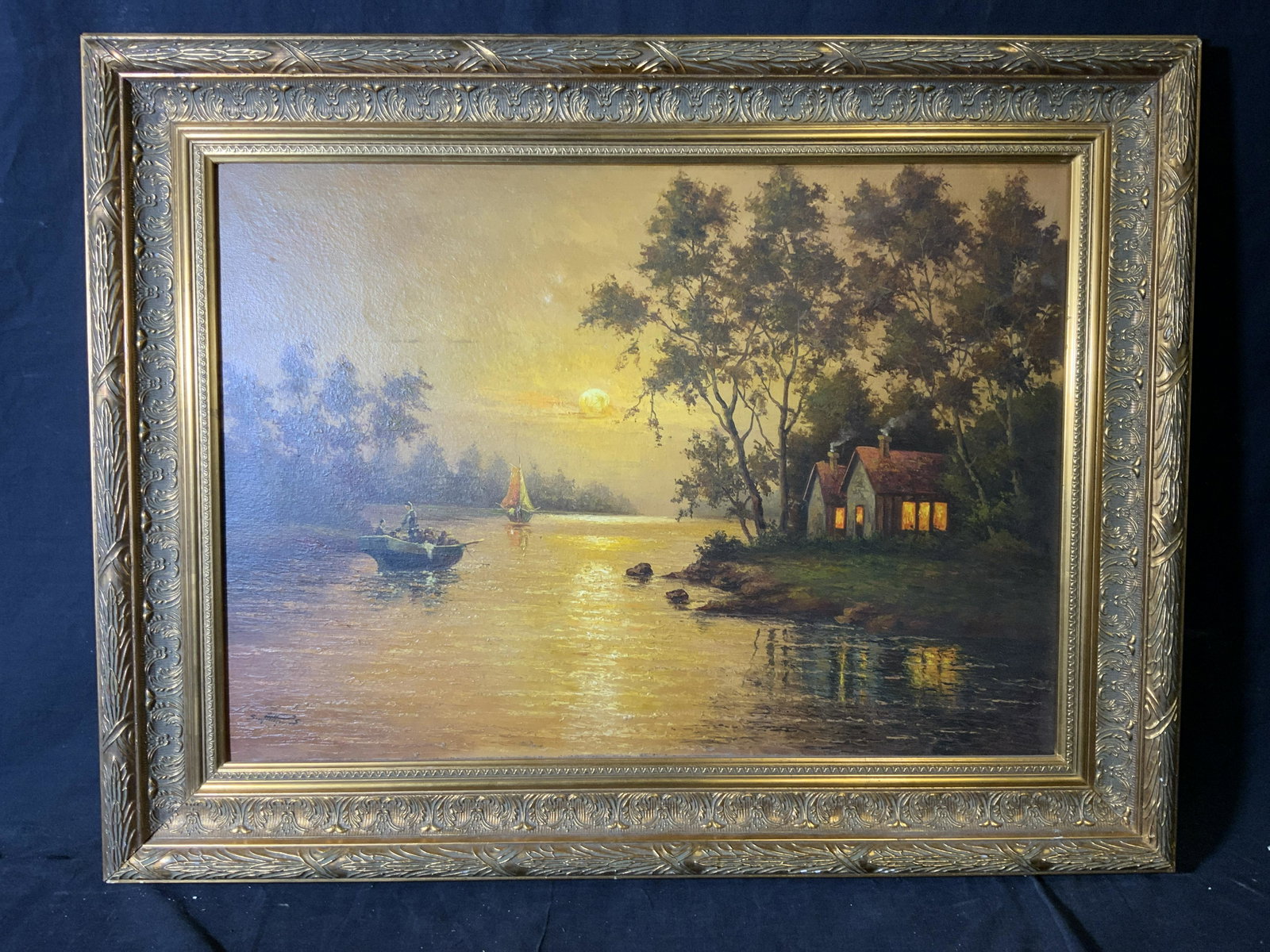Vintage Signed Oil on Canvas Riverscape, Artwork: Vintage signed oil on canvas riverscape, possibly antique, signature to the lower left corner is illegible, subject a riverscape scene during sunset with two boats on the water and house to the right 
