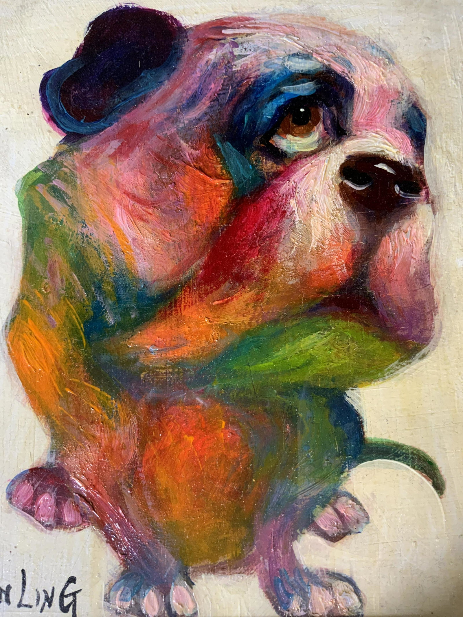 YAN LING Signed Oil Painting of Pug: YAN LING Signed Oil Painting of Pug, signature to lower left reads ‘Yan Ling’, subject a seated dog, measures 10 7/8 x 8 7/8 inches, dark wooden frame, some scuffs and scratches to frame, not exam