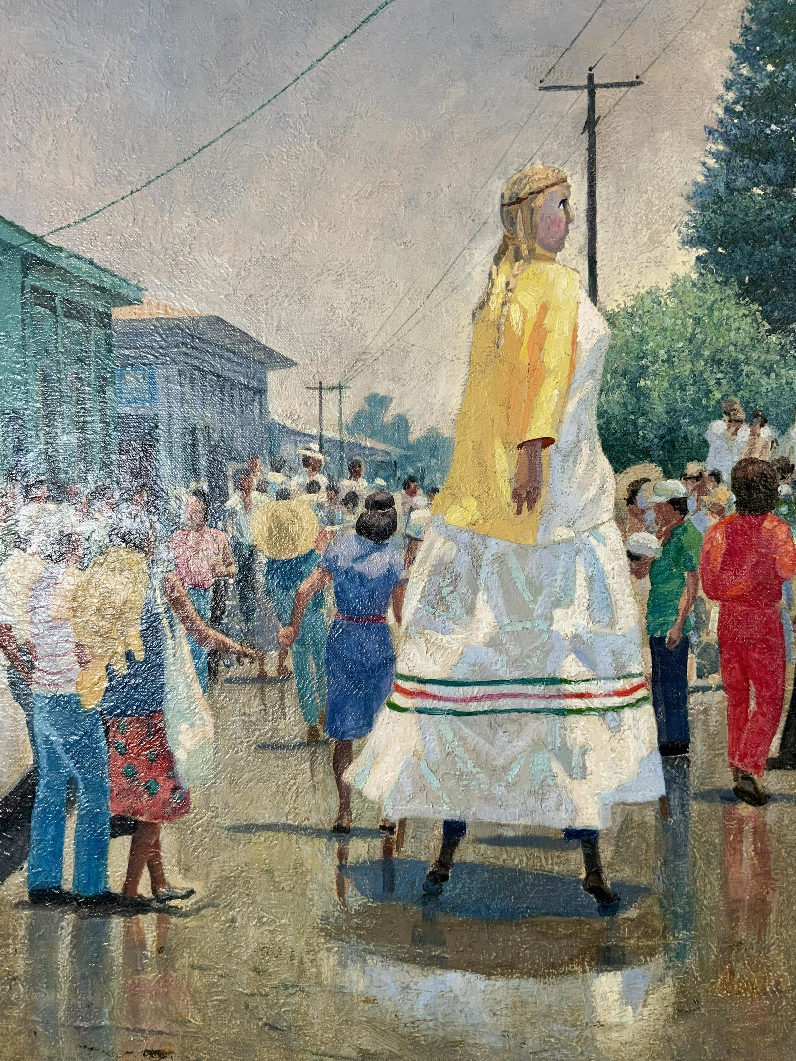 Oil Painting 1988, Festival Scene Artwork: Oil Painting 1988, Festival Scene, paper affixed to reverse reads ‘Nicholas Di Benedetto & Co Inc Fine Art & Antiques’ and ‘Rained out Mexican festival o/c 20’ x 24’ signed Ltd Indistinctly 