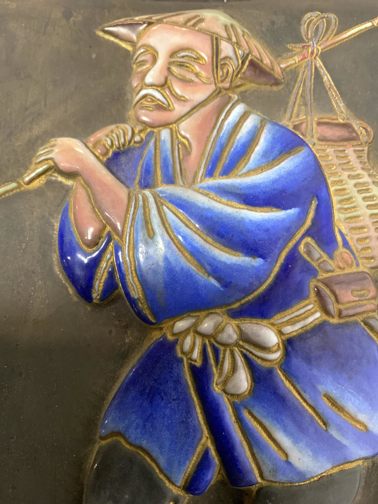 Signed Vintage Hammered Copper Asian Wall Art: Lower right corner of art work is signed with Asian characters. Wall art is vintage, appears to be handmade. Piece Depicts an elderly male figure carrying a basket on a pole. Wall art, Asian wall art,