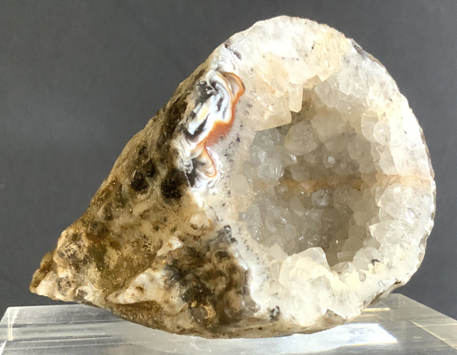 Quartz Agate Geode: Decorative Geode with Crystalline structure within natural rock. Polished on one side. Banded agate of black and brown . 2.5 x 2.5 in. Geode, banded agate, quartz Crystal geode, paperweight, geology c