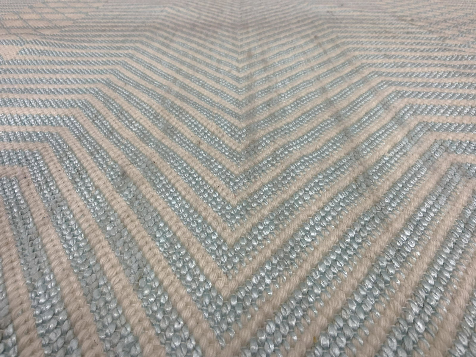 Handmade Oversized Wool Rug Carpet: Rug is wool & handmade. Piece appears to be vintage. Rug is cream & light blue toned. Label reads MADE IN INDIA. Piece measures approx 232 inches long 192 inches wide. Rug, wool rug, area rug, oversiz