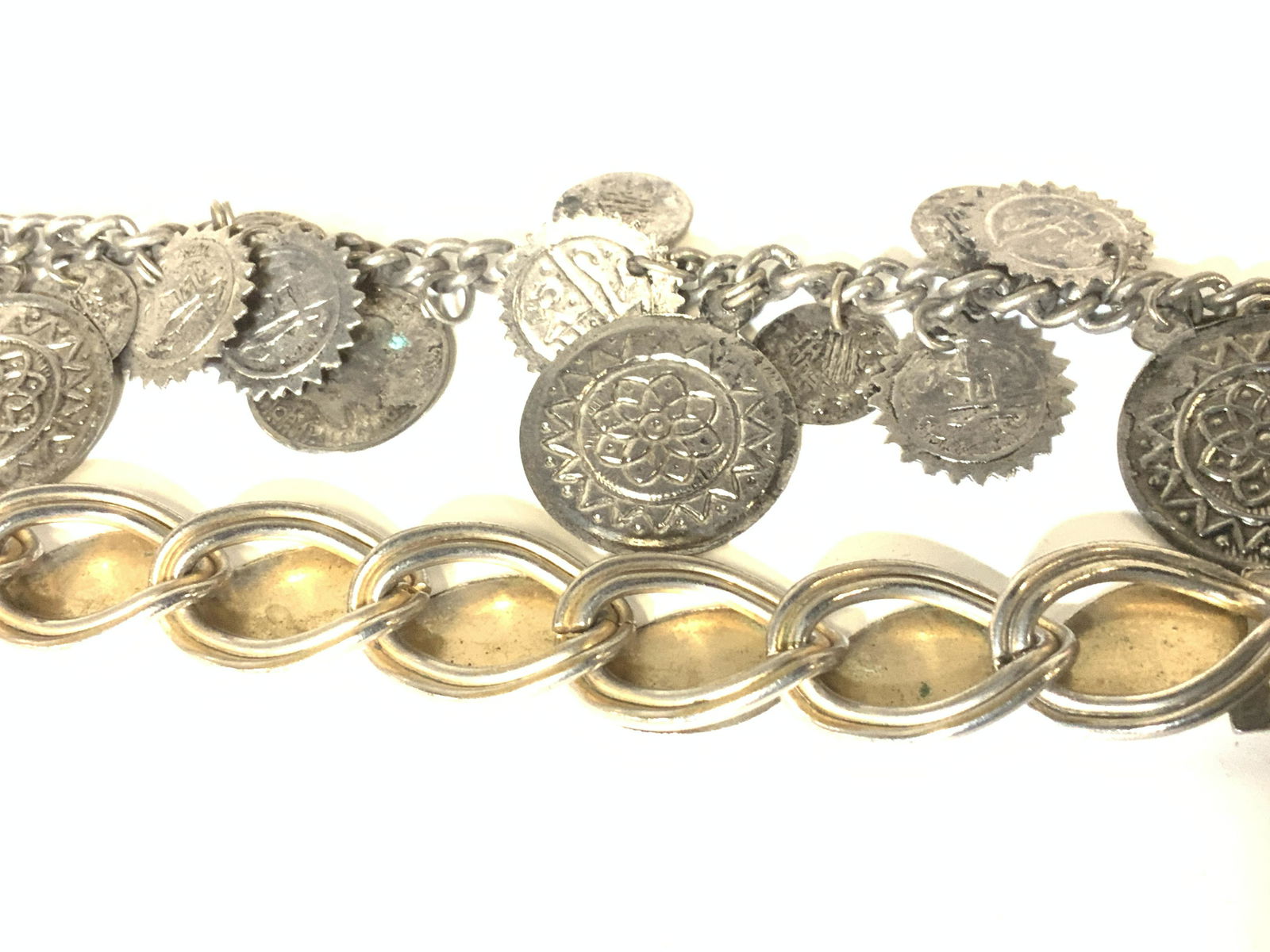 Lot 2 Belly Dancer Coin Accessory, MARINO Bracelet: Silver toned jewelry and accessories. Hallmarked MARINO bracelet, 8 in. Chunky link. Multi jingle coin belly dancer belt or necklace, hook and loop clasp, 30.5 in. Coins lightweight. Ladies Jewelry Ac
